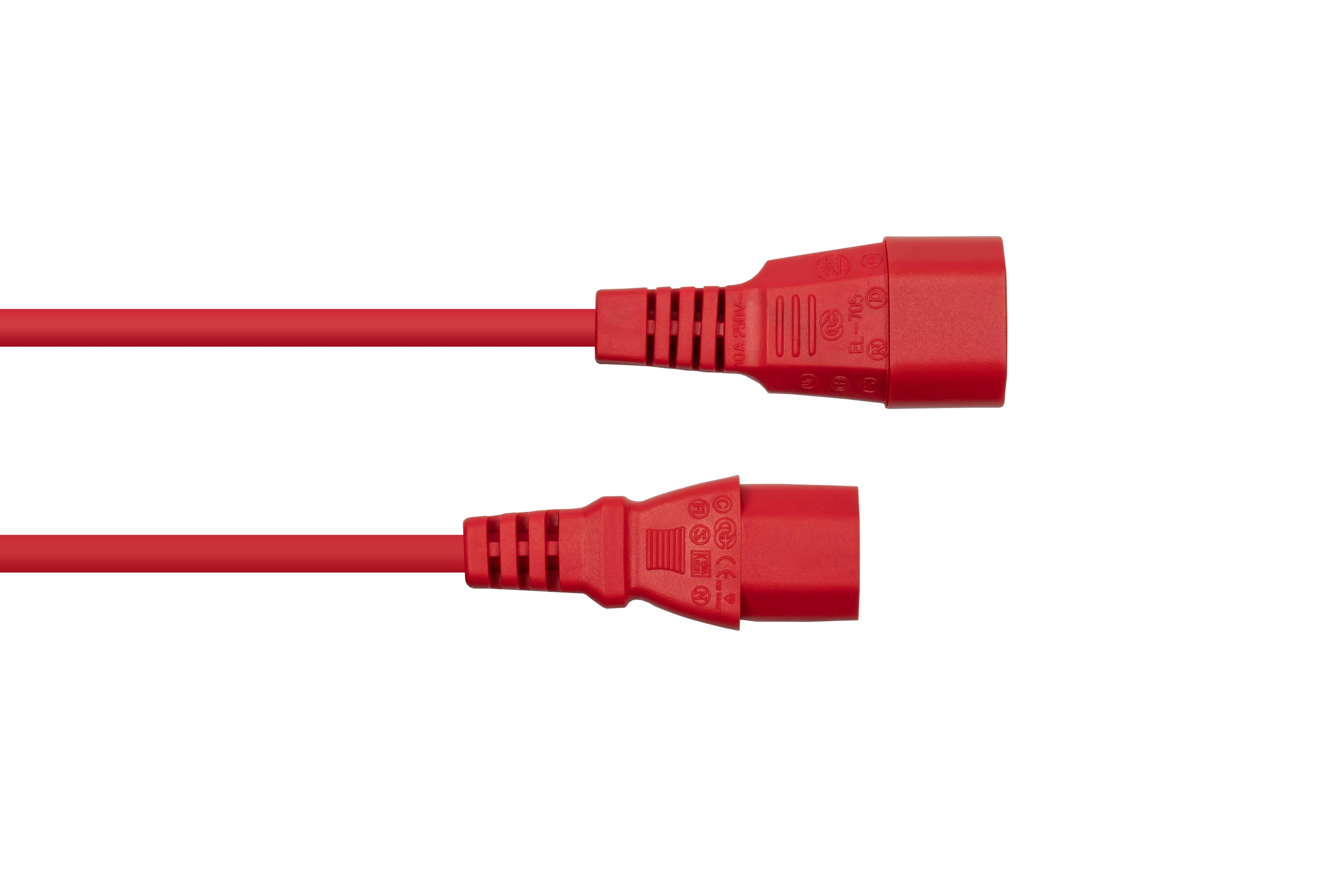Rotes Netzkabel mit zwei Buchsen auf weißem Hintergrund.