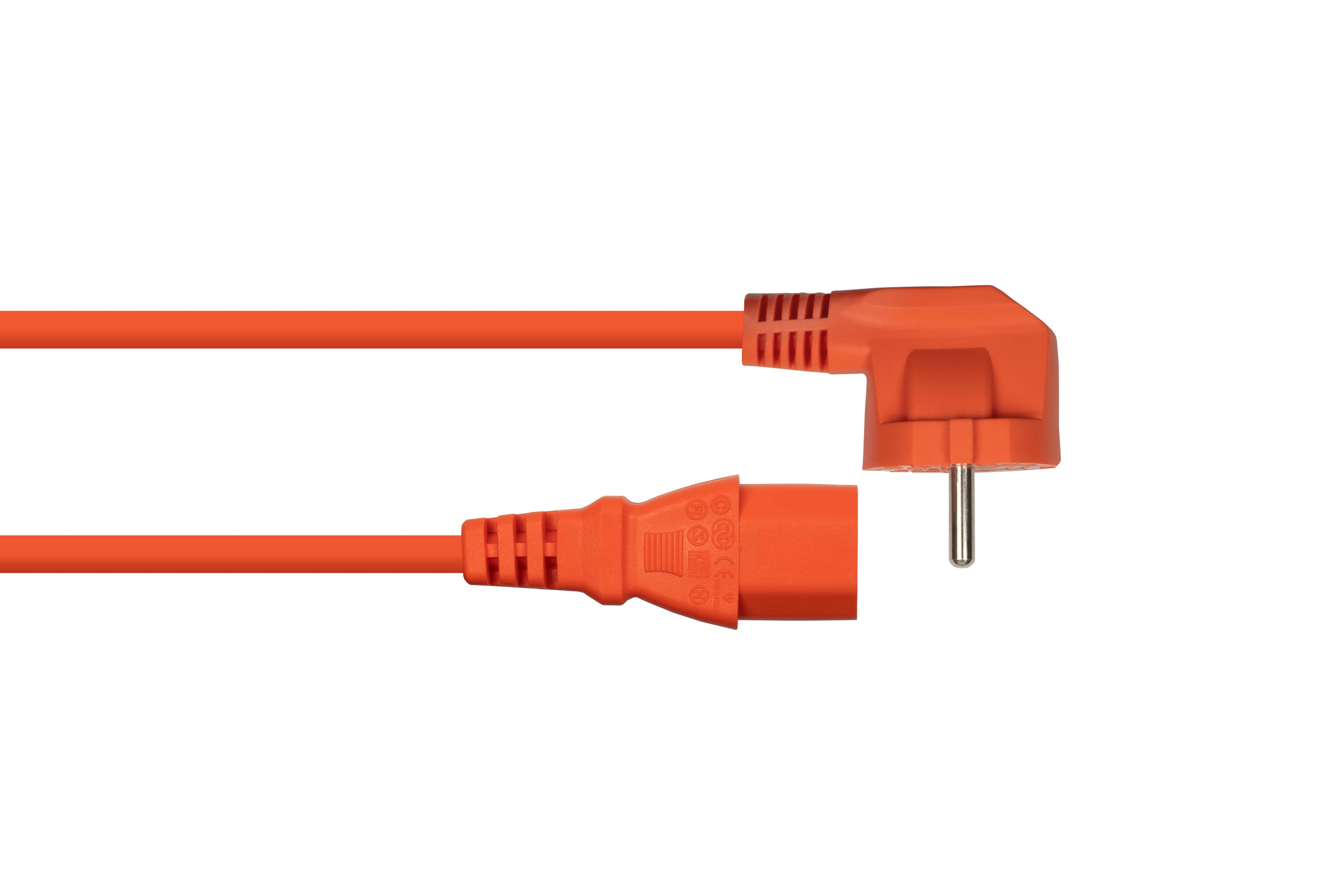 Ein orangefarbenes Netzkabel mit einem Winkelstecker und einem Buchsenanschluss auf weißem Grund.