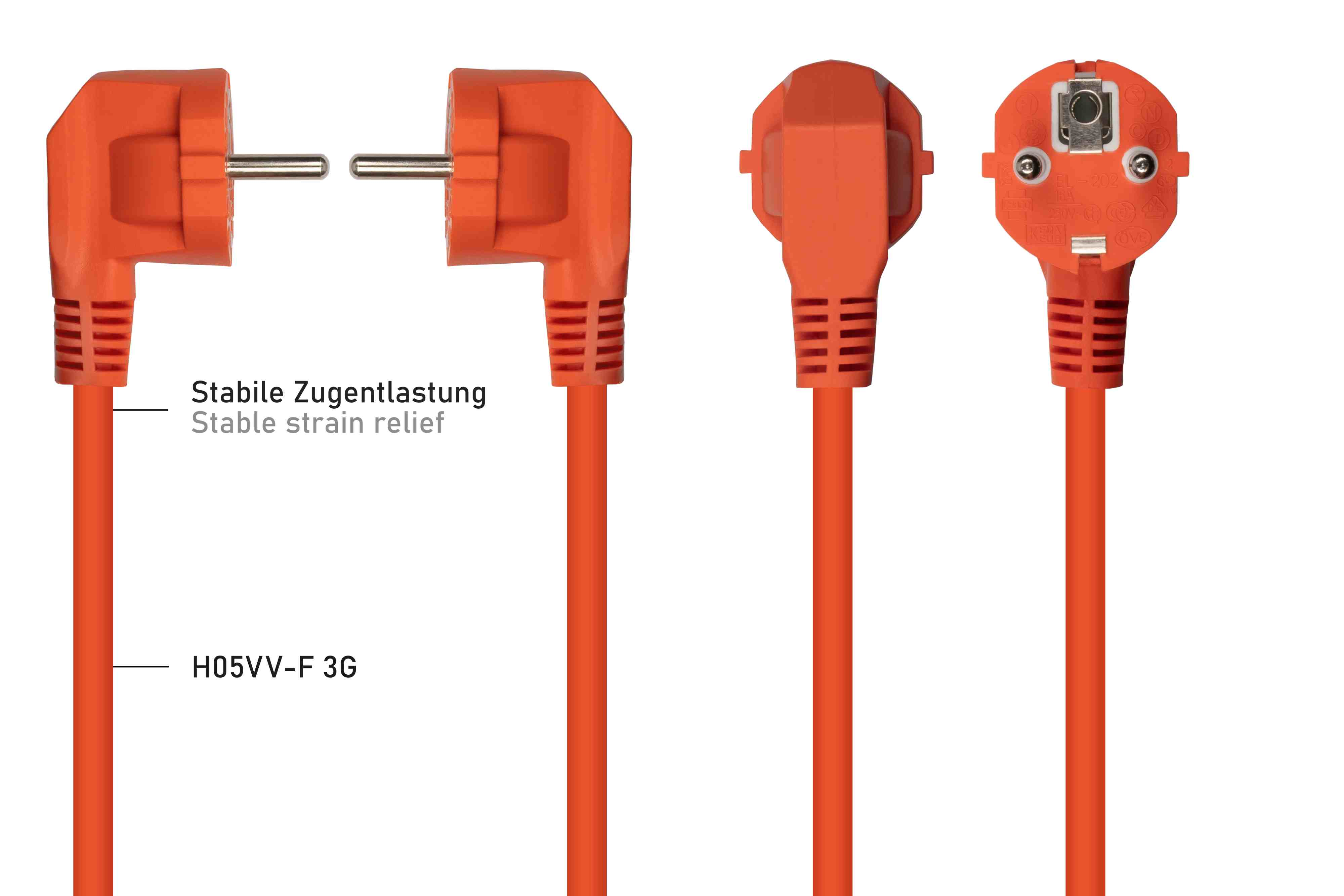 Oranges Netzkabel mit rechtwinkligen Steckern und Textlabels, die die Zugentlastung auf weißem Hintergrund zeigen.