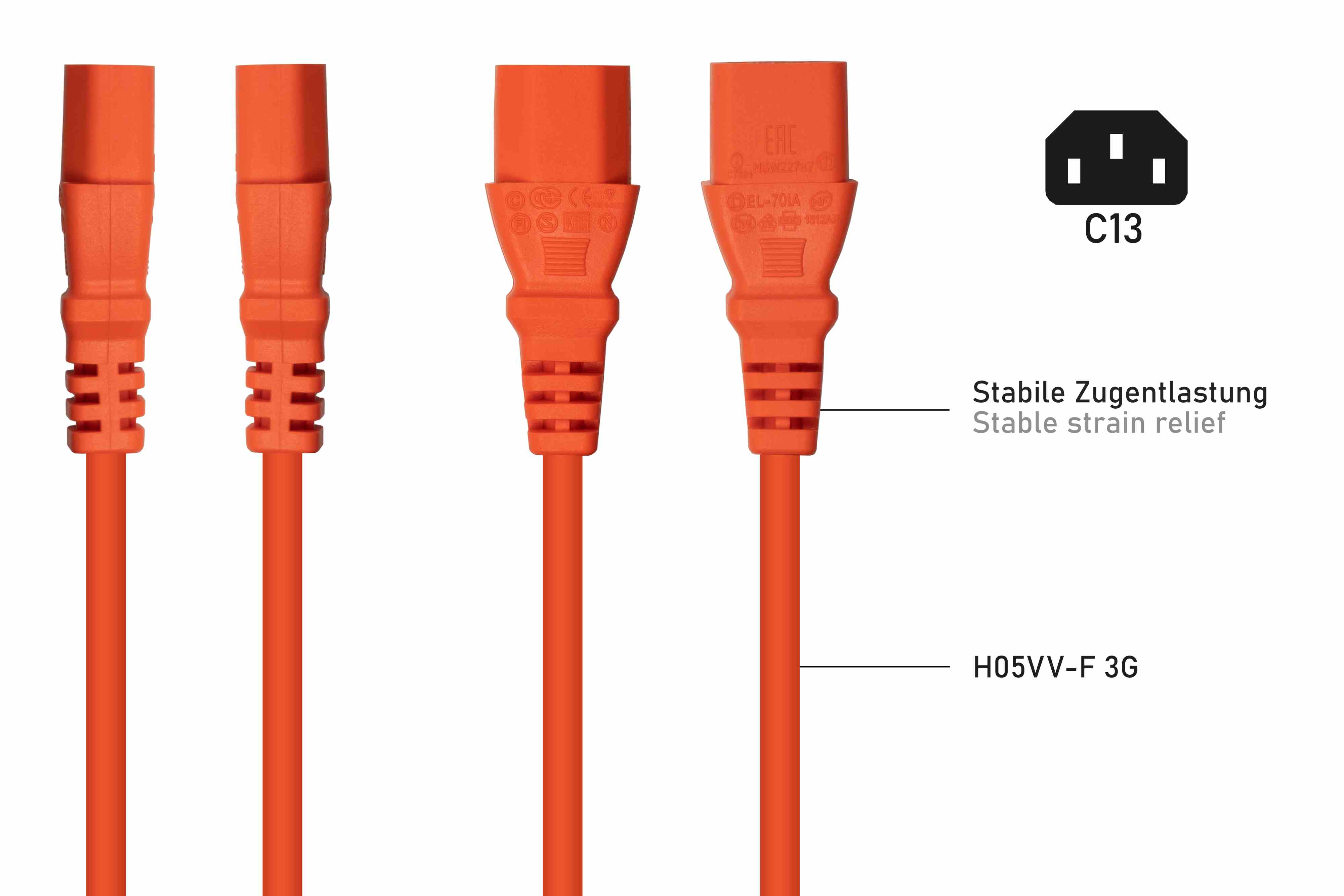 Drei orangefarbene Netzkabel mit C13-Anschluss und Textbeschriftungen.