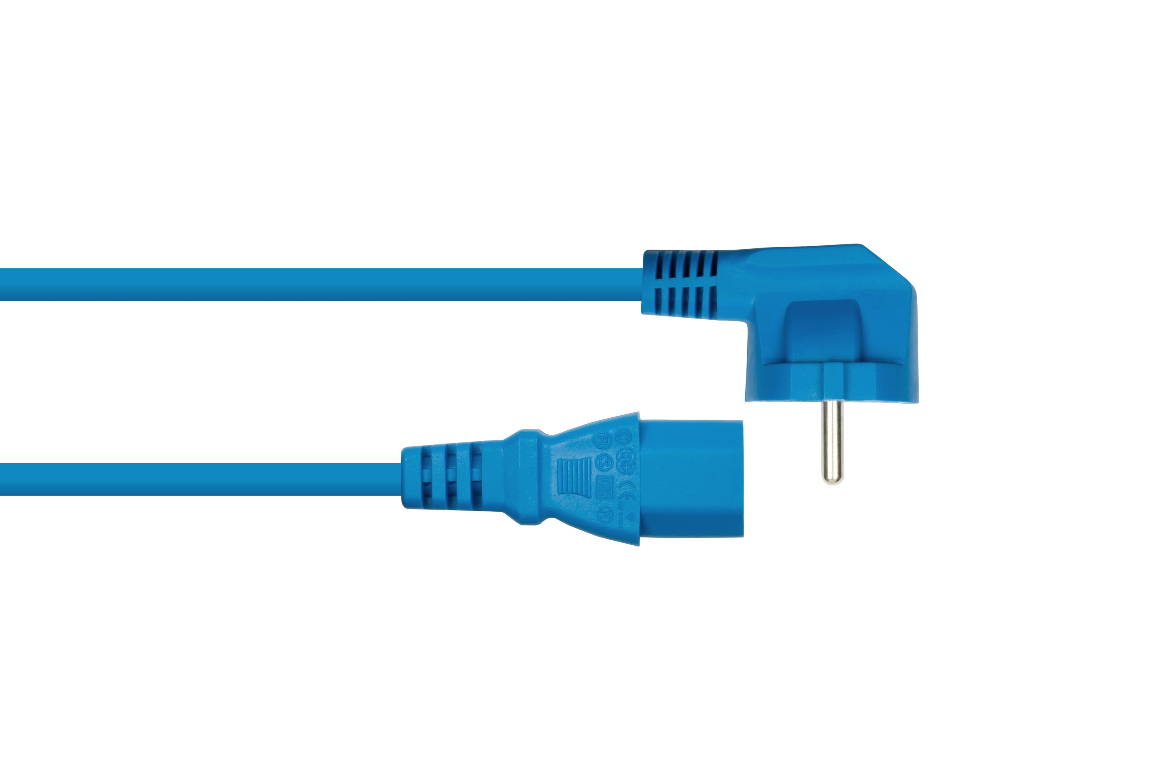 Ein blaues Netzkabel mit einem rechtwinkligen Stecker an einem Ende und einem geraden Stecker am anderen.