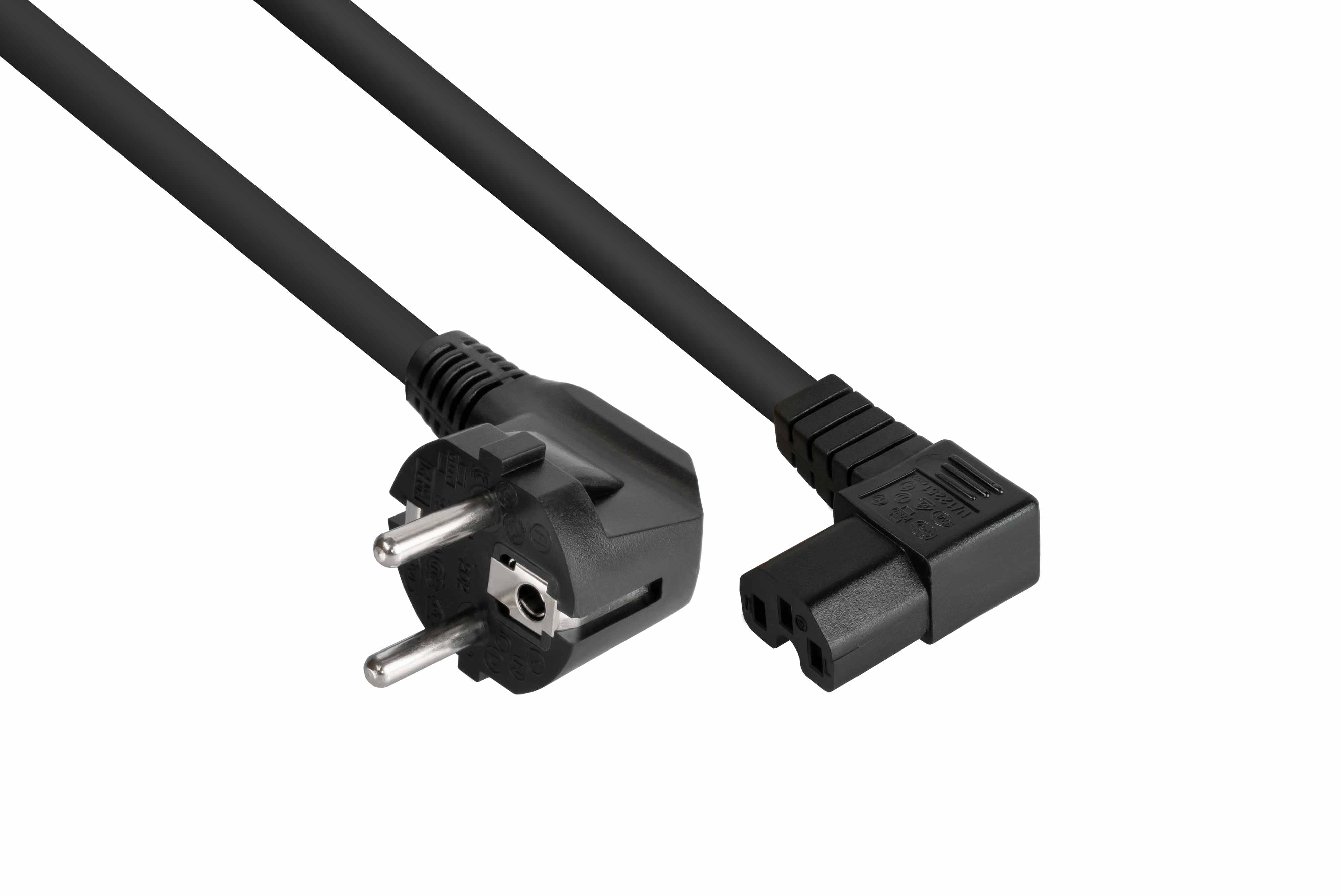 Schwarzes Netzkabel mit Eurostecker und C13-Anschluss auf Weiß.