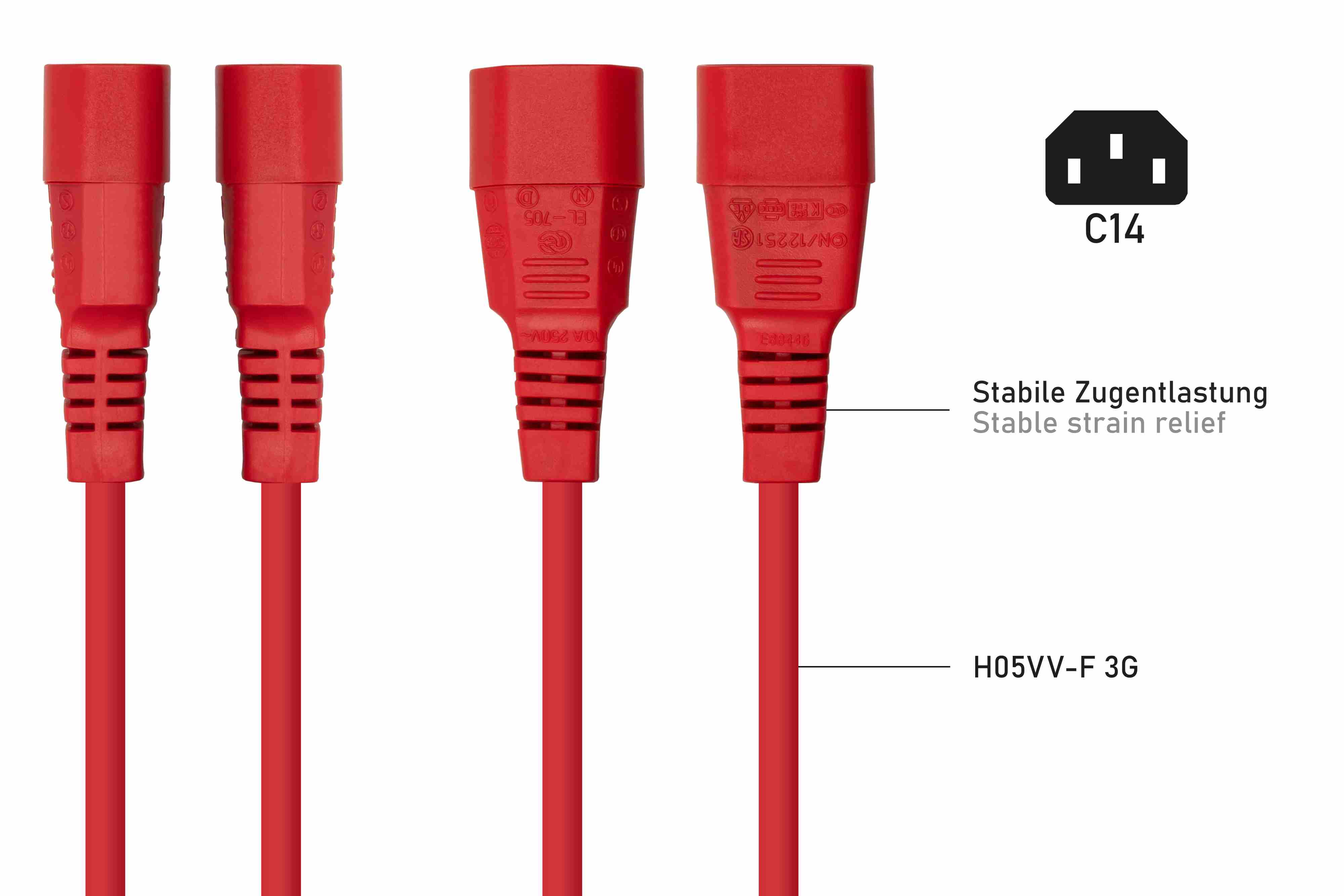 Rote Netzkabel mit Steckern, beschriftet mit Text und einem C14-Symbol.