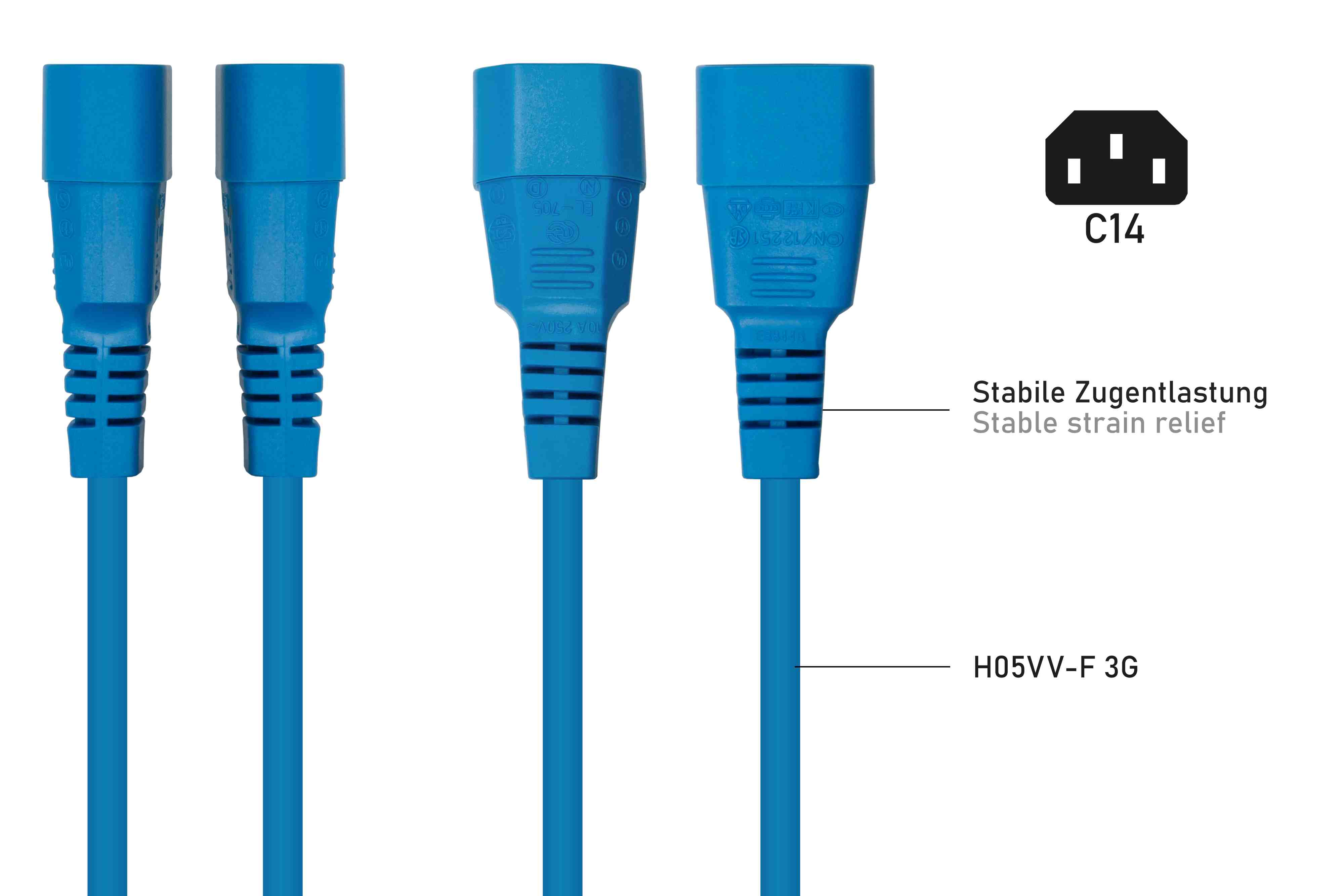 Blaue Netzkabel mit C14-Steckern.
