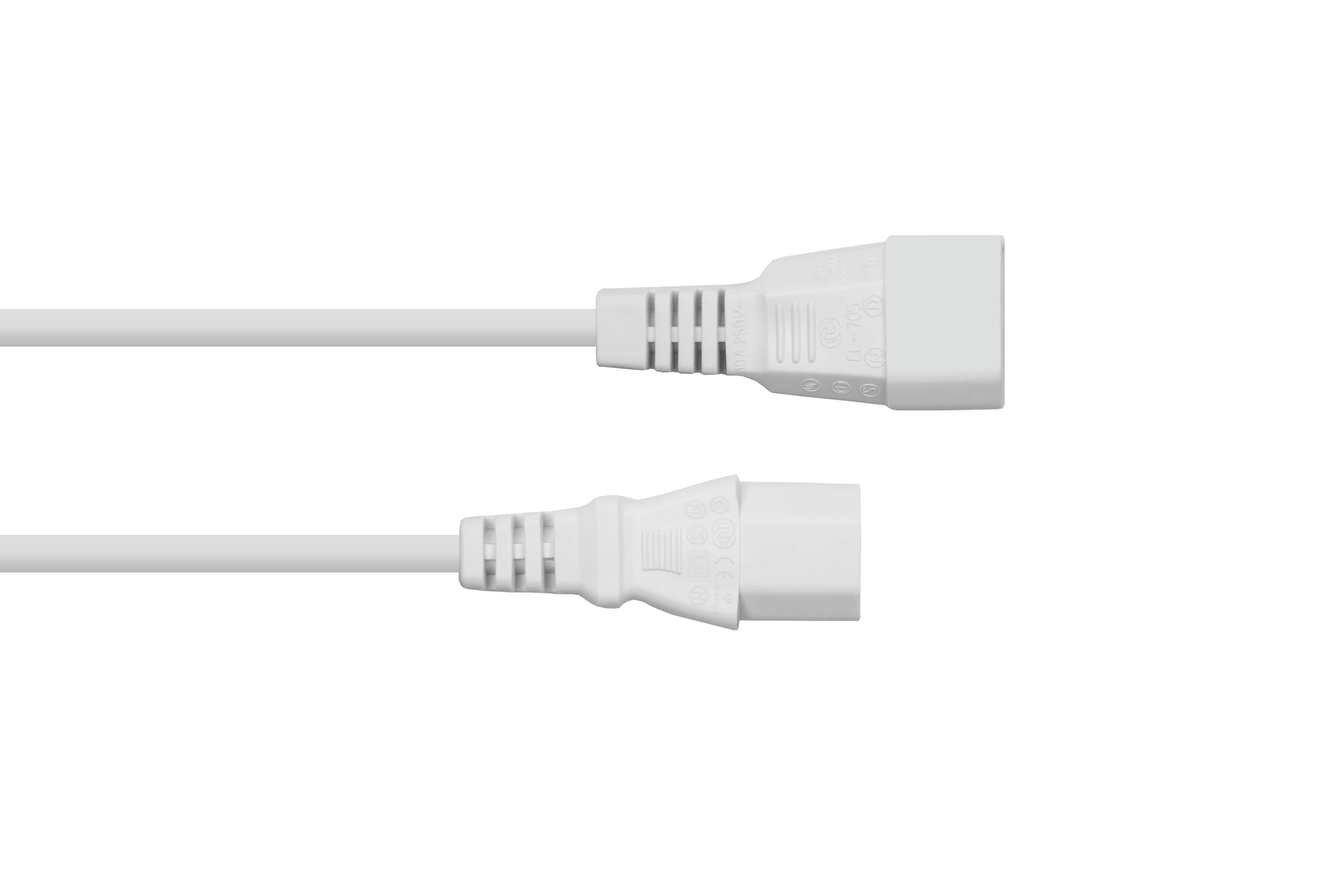 Zwei weiße Netzkabel mit Steckern. Die Stecker befinden sich an beiden Enden des Kabels.