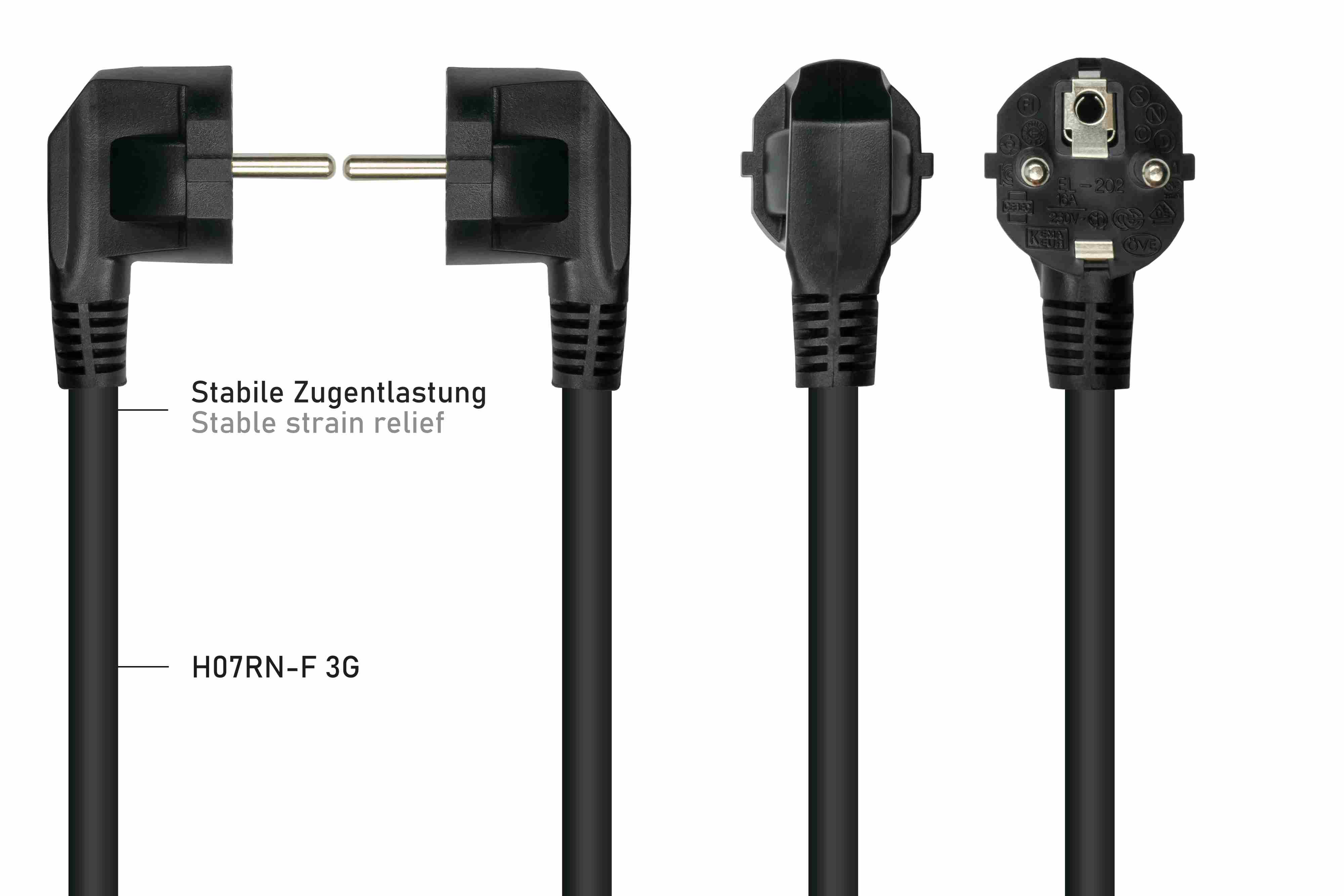 Schwarzes Netzkabel mit abgewinkelten Steckern, beschriftet mit 'Stabile Zugentlastung' und 'H07RN-F 3G'.