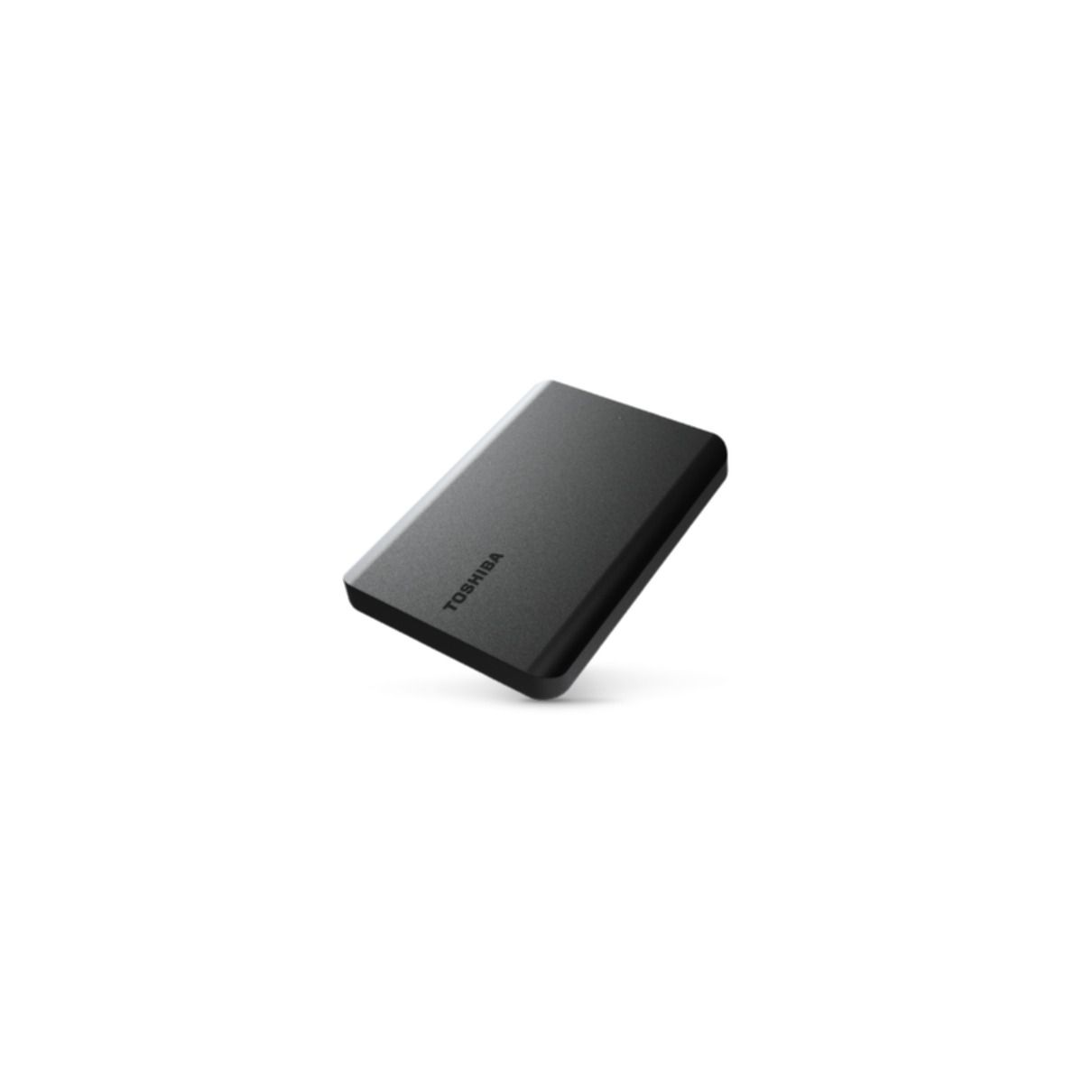 Disque dur externe Toshiba noir sur fond blanc, légèrement incliné, design simple.