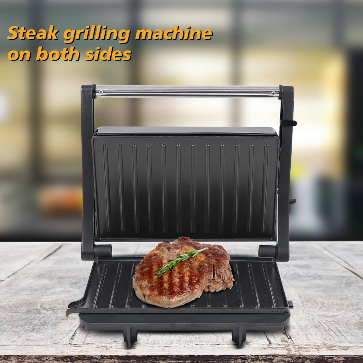Ein Steakgrillmaschine ist geöffnet und hat ein gebratenes Steak darin.