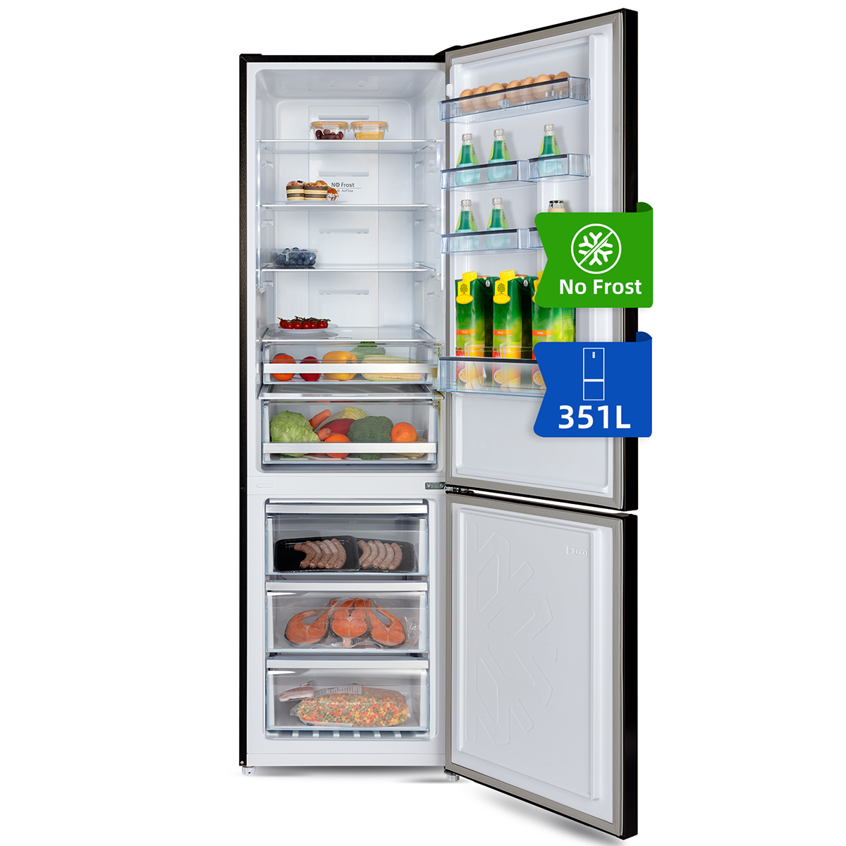 Open refrigerator showing shelves with food and a 'No Frost' sticker.