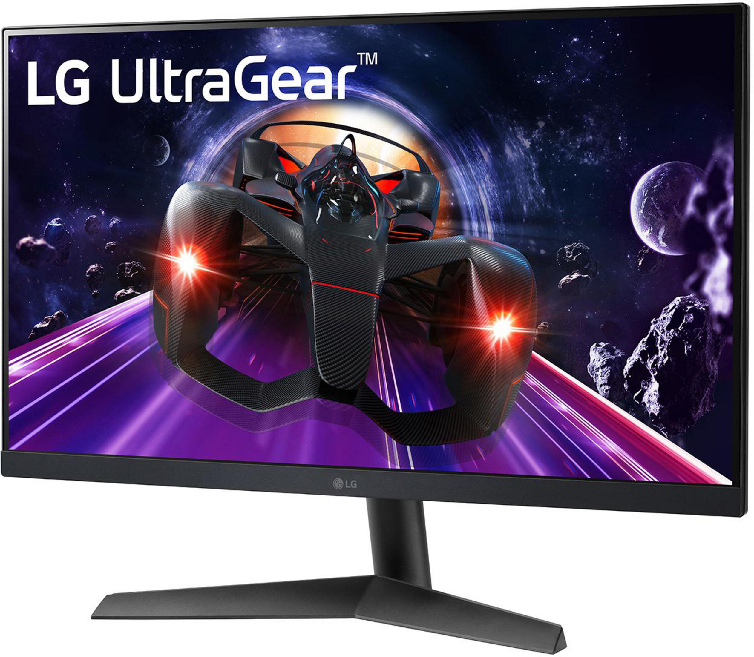 Monitor LG UltraGear wyświetlający statek kosmiczny w kosmosie. Ciemne tło. Czarna podstawa.