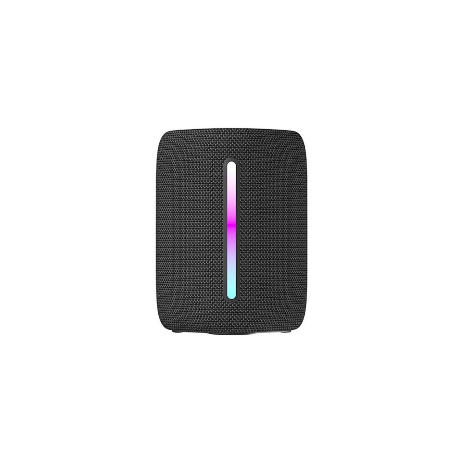 Ein schwarzer Lautsprecher mit einem vertikalen farbigen Lichtbalken.