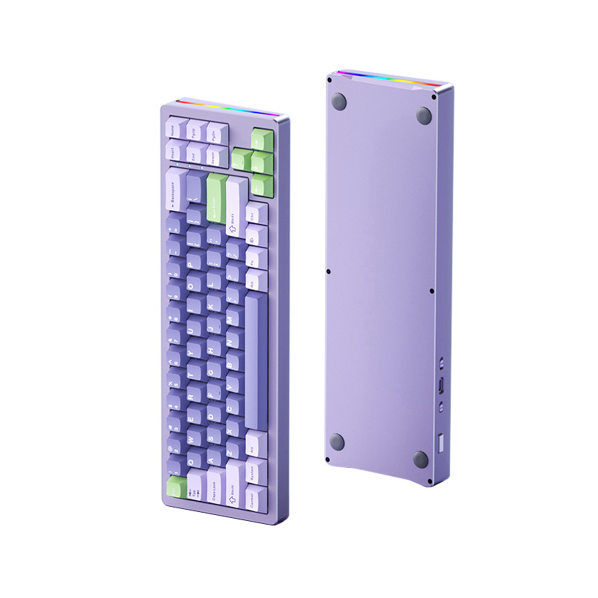 Eine lila-weiße mechanische Tastatur mit grünen Akzenten und Lichtleiste.