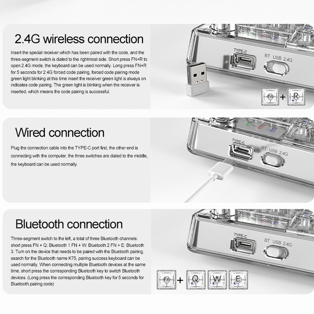 Anweisungen zum Verbinden einer Tastatur mit 2,4G Wireless, kabelgebunden und Bluetooth.