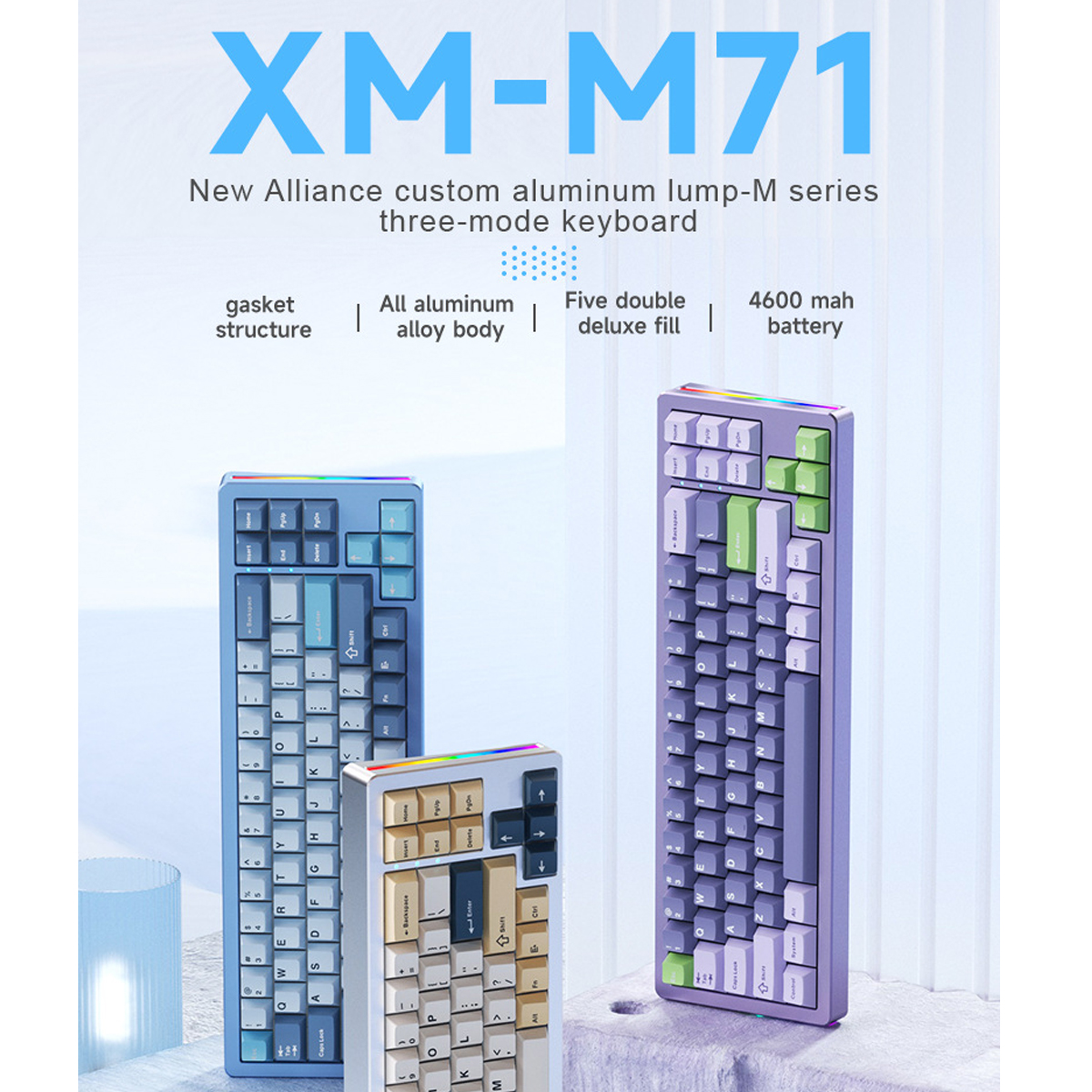 Drei Tastaturen: blau, weiß und lila. Text: XM-M71, New Alliance, Drei-Modus-Tastatur.