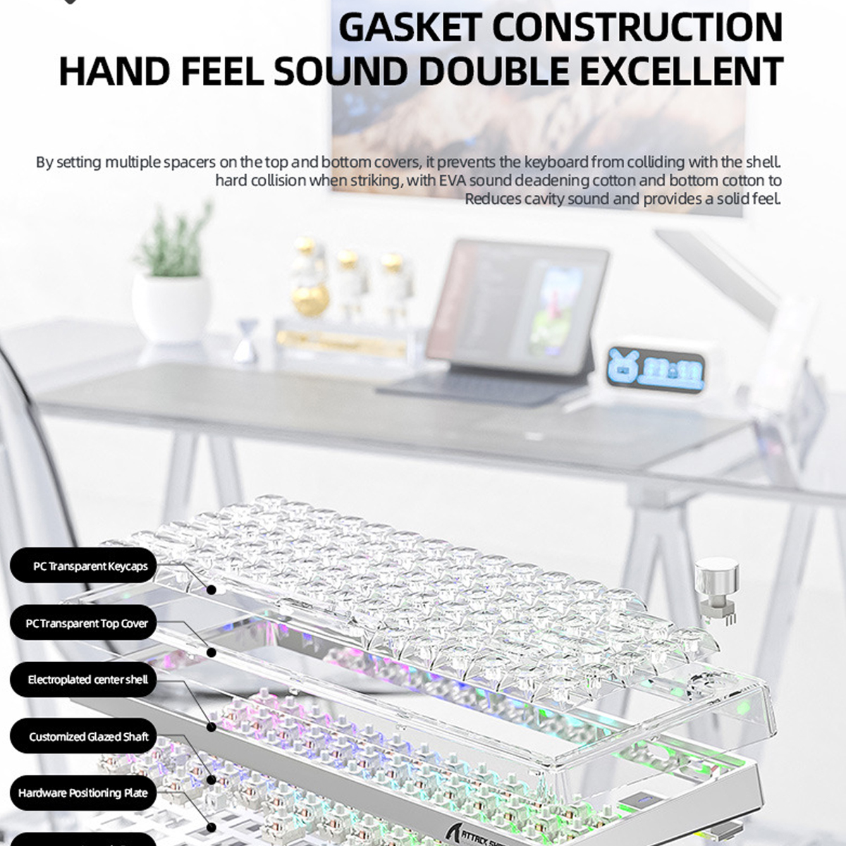 Eine transparente Tastatur mit sichtbaren Innenkomponenten. Die Schichten umfassen Tastenkappen, obere Abdeckung und Hardware.