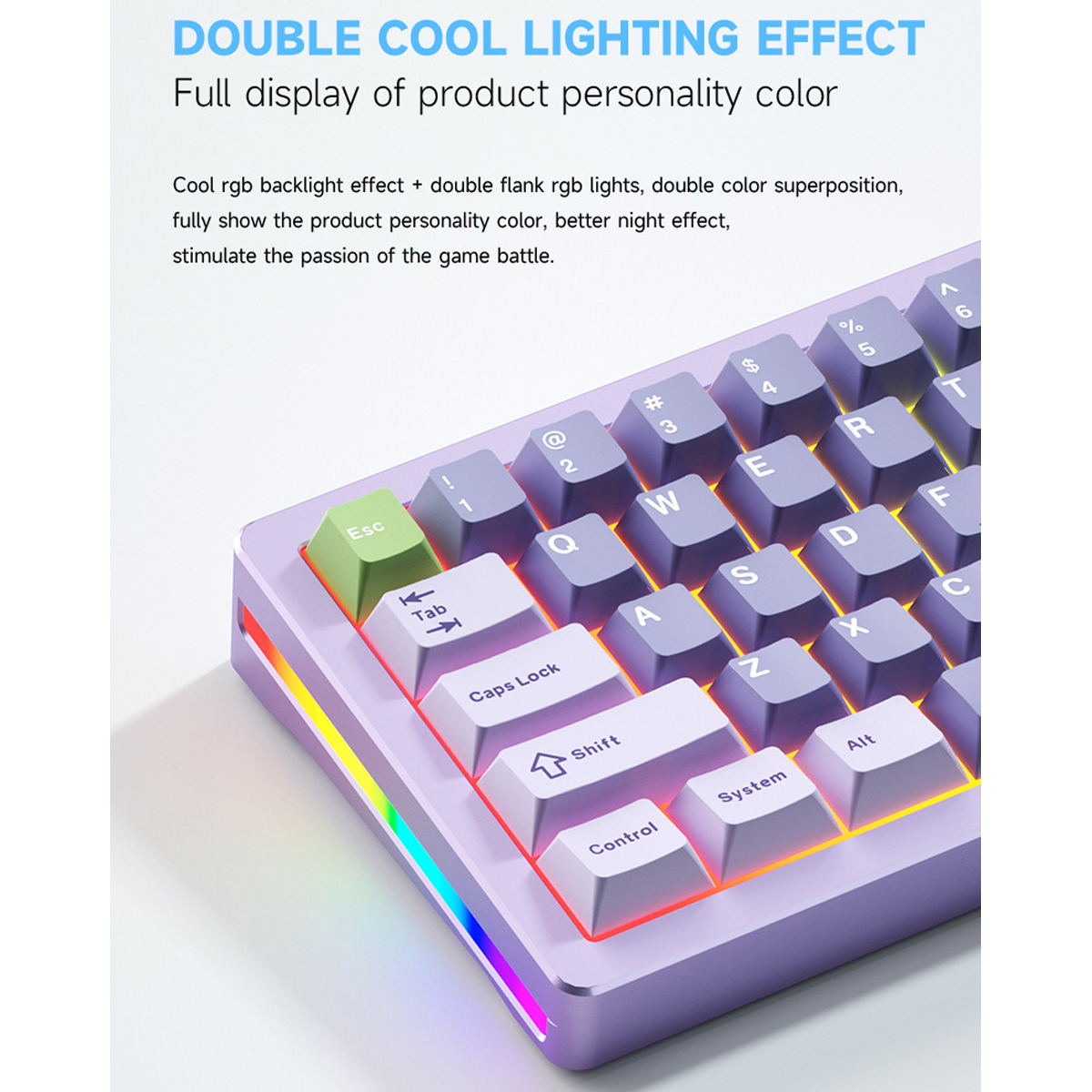 Eine lila Tastatur mit grünen und weißen Tasten. Sie hat eine farbenfrohe Hintergrundbeleuchtung und ist leicht angewinkelt.