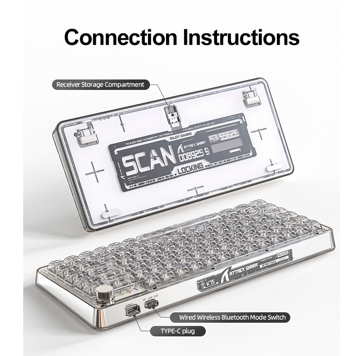 Diagramm einer Tastatur mit Anschlussanweisungen, Beschriftungen und Text.
