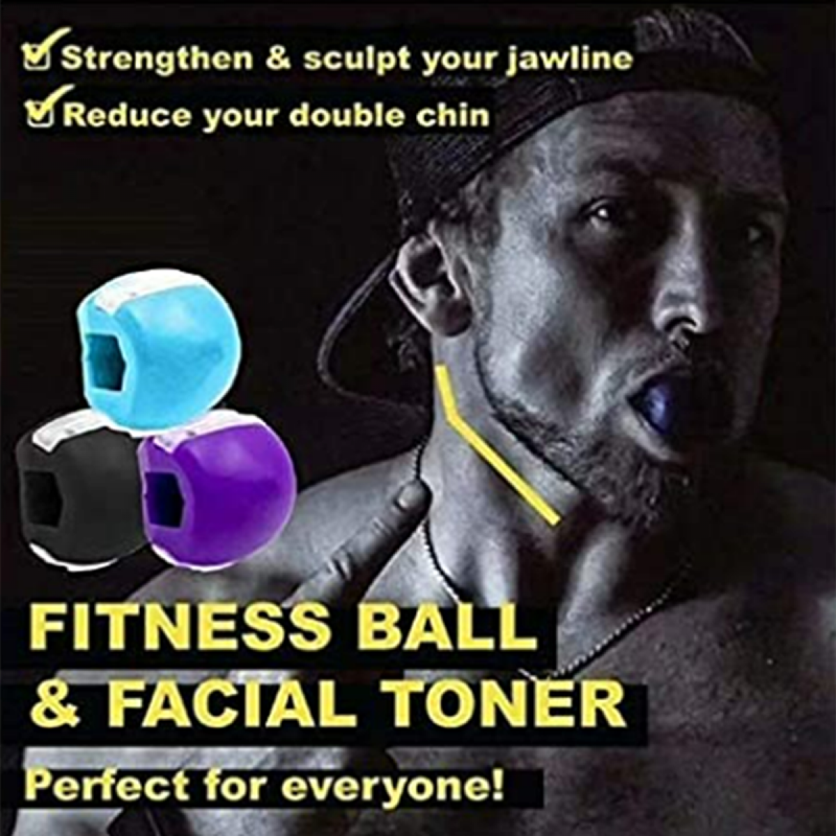 Mann, der Kieferexerziergeräte benutzt, mit Text: 'Fitness Ball & Facial Toner'. Blaue, schwarze und lila Kugeln sind gezeigt.