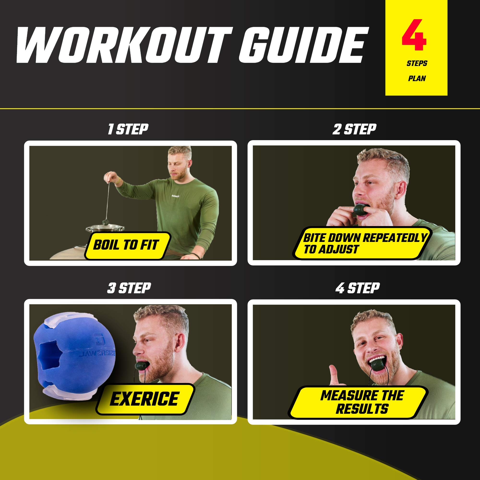 Workout-Guide mit vier Schritten. Mann, der einen Kiefertrainer benutzt, zeigt Kochen, Beißen, Trainieren, Messen.