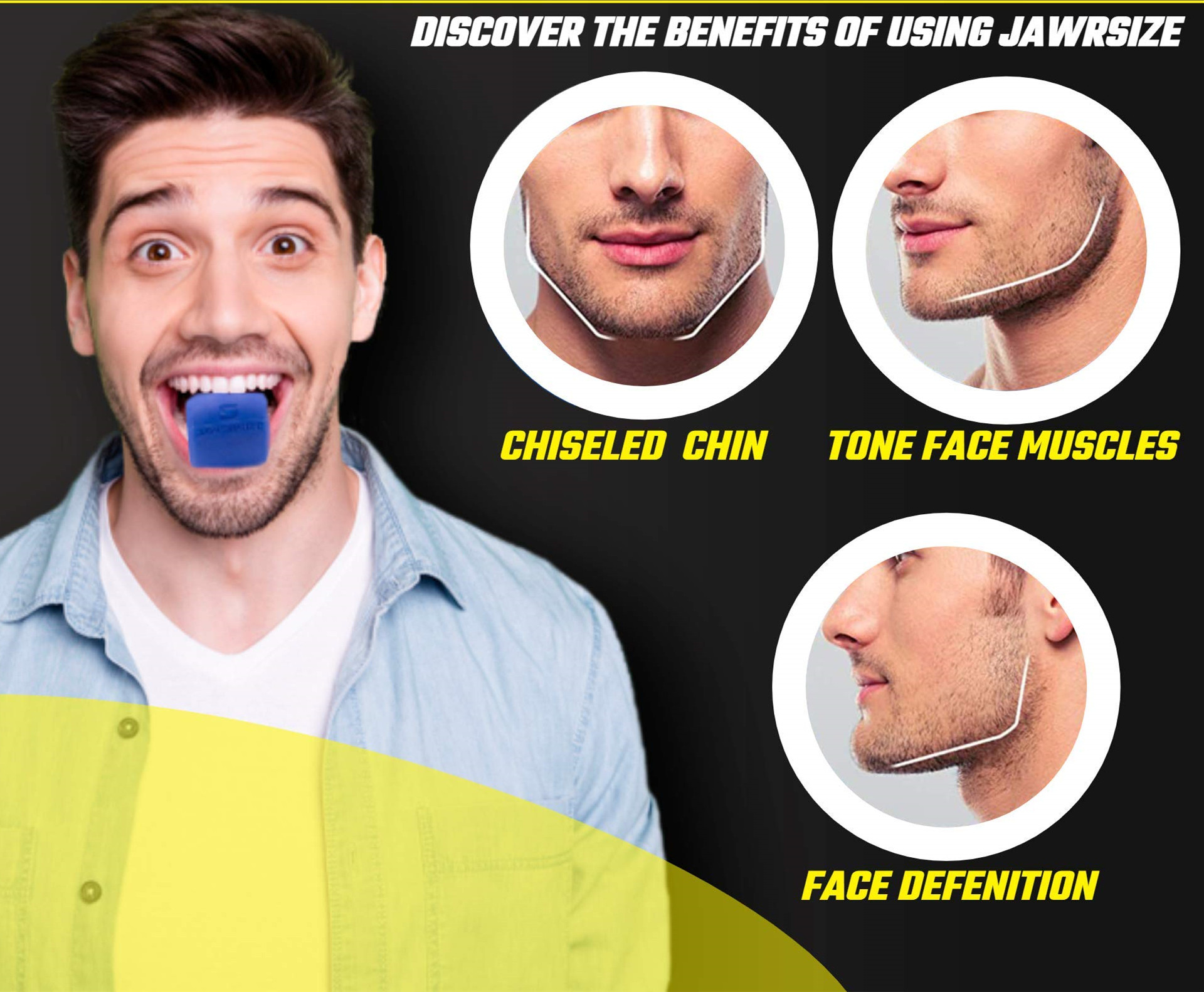 Mann mit einem blauen Jawrsize im Mund. Grafiken zeigen Kinn, Gesichtsmuskeln und Definition.
