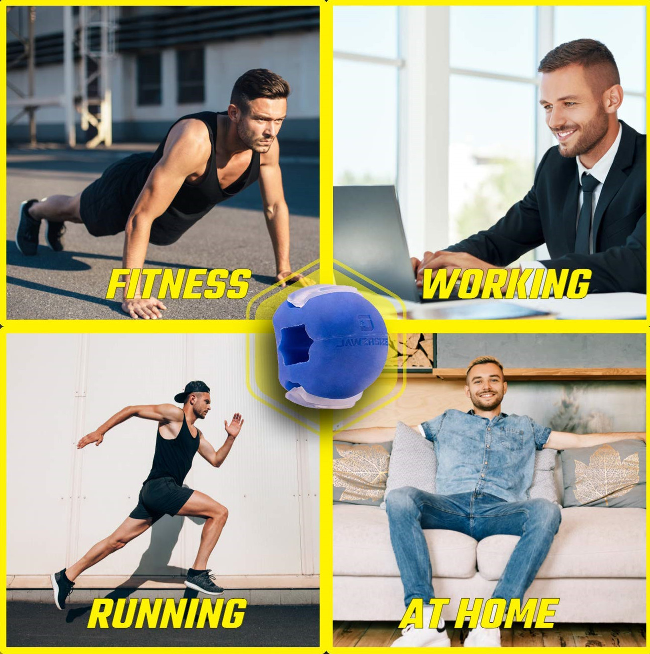 Vier Bilder: Ein Mann macht Liegestütze, arbeitet, rennt und entspannt sich zu Hause, allesamt mit einem Kiefersportgerät.
