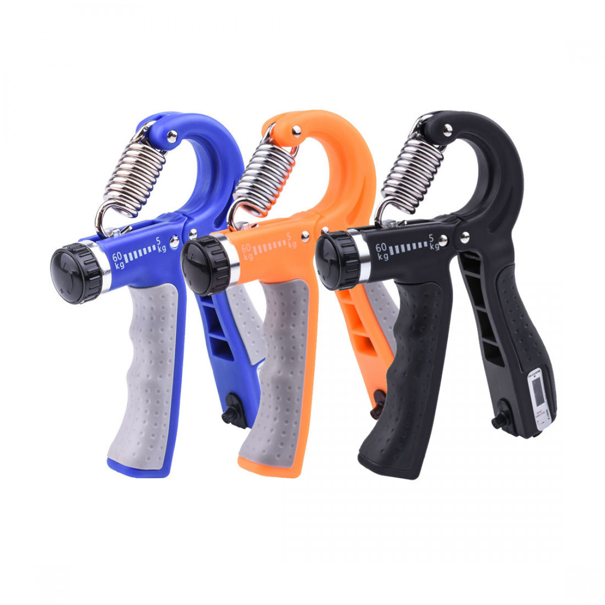 Drie handgrepen in blauw, oranje en zwart. Elk heeft een veer en een handvat.