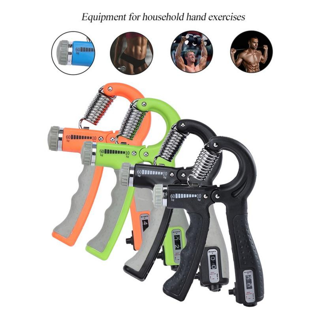 Handgrippers met digitale tellers in diverse kleuren, voor handoefeningen.
