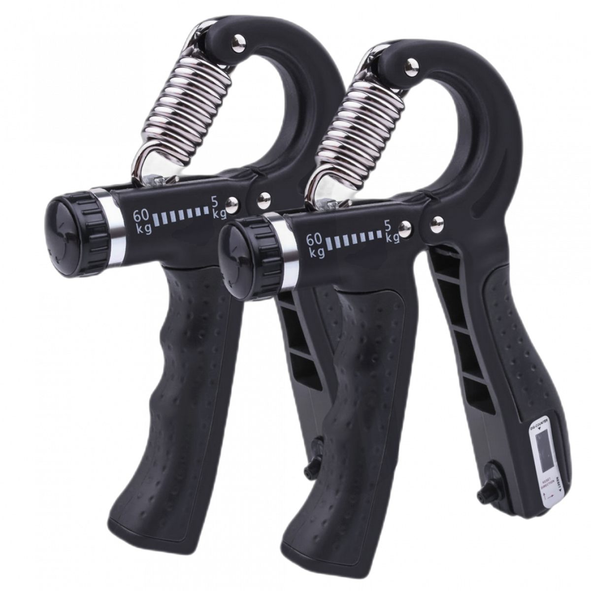 Dwa czarne urządzenia do ćwiczenia uchwytu dłoni z srebrnymi sprężynami i wskaźnikami wagi.