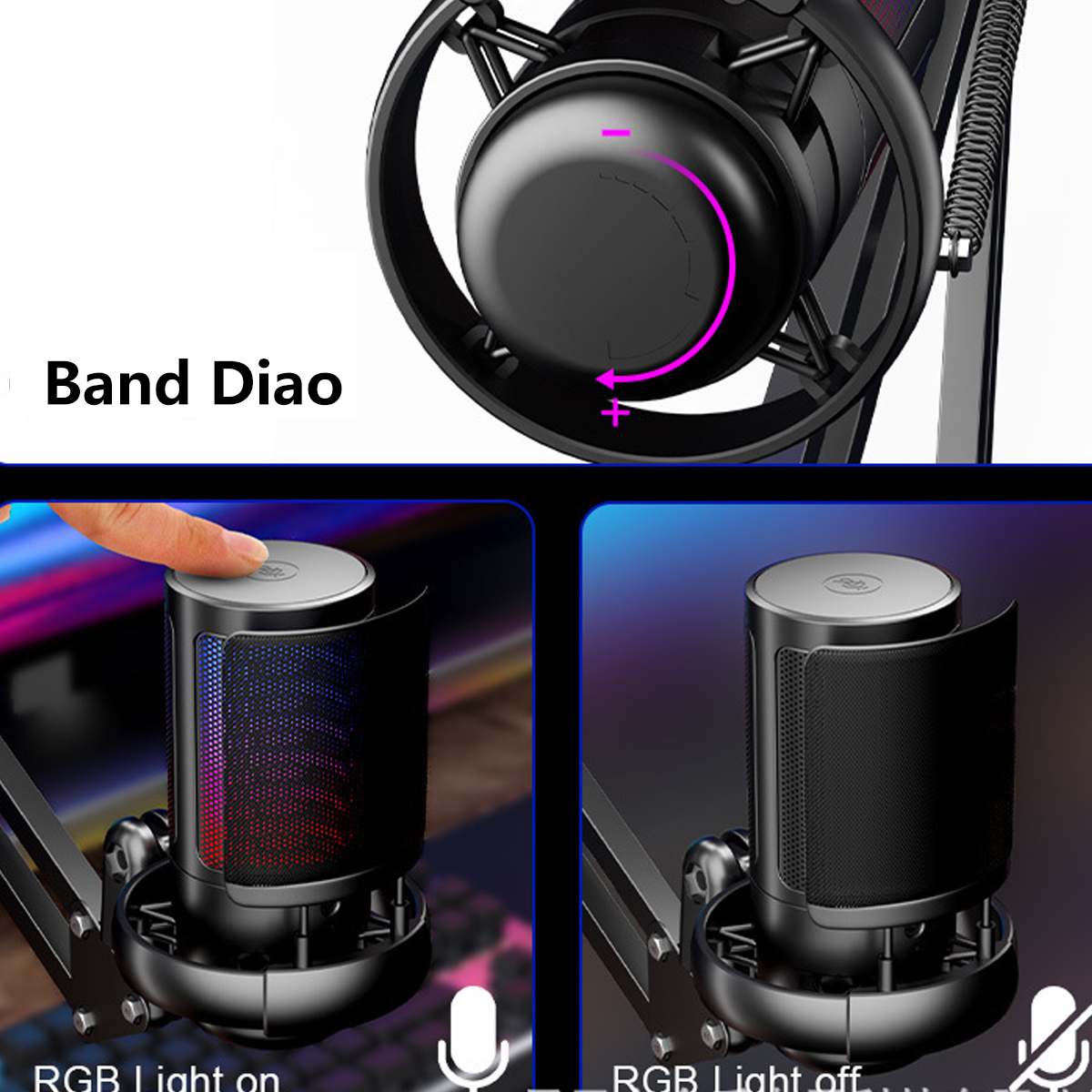 Un micrófono negro con opciones de luz RGB y un primer plano de la perilla de ajuste.