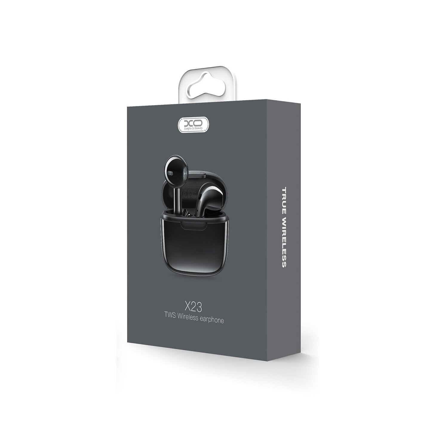Schwarze kabellose Kopfhörerbox mit dem Produktnamen X23 und dem Wort TRUE WIRELESS auf weißem Hintergrund.