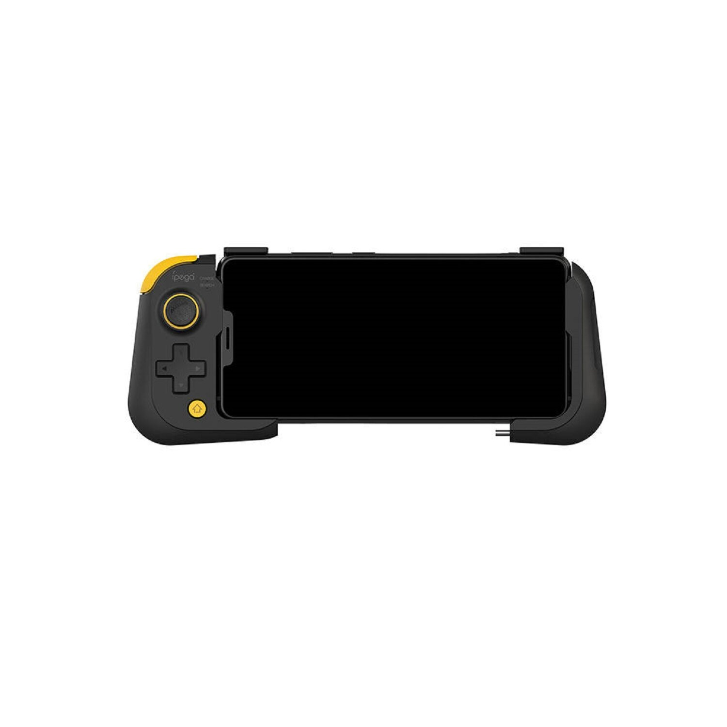 Schwarzer und gelber Gamecontroller mit befestigtem Telefon, schräge Ansicht.