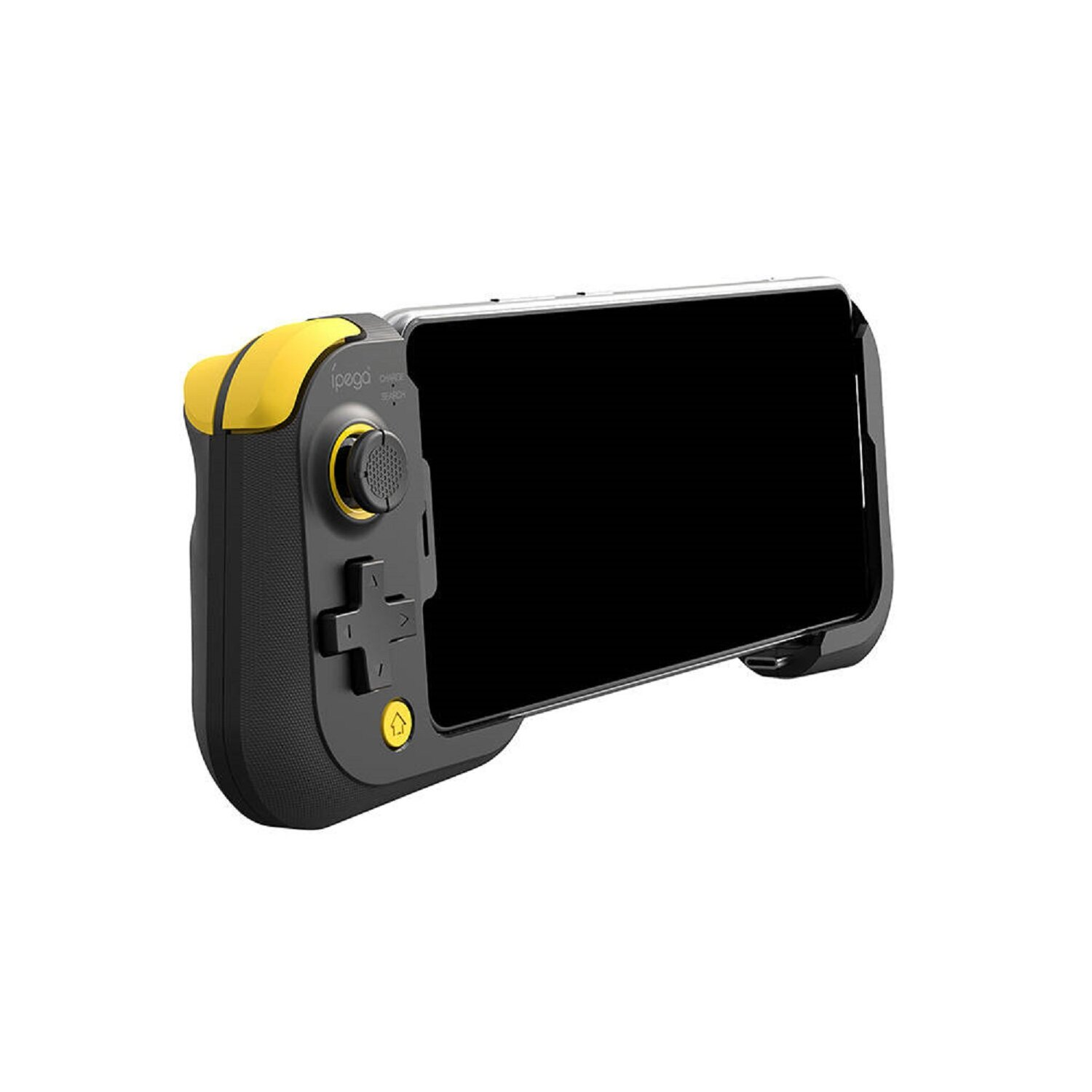 Ein schwarz-gelbes Gamepad, das an einem Telefon befestigt ist und eine Spieloberfläche zeigt.