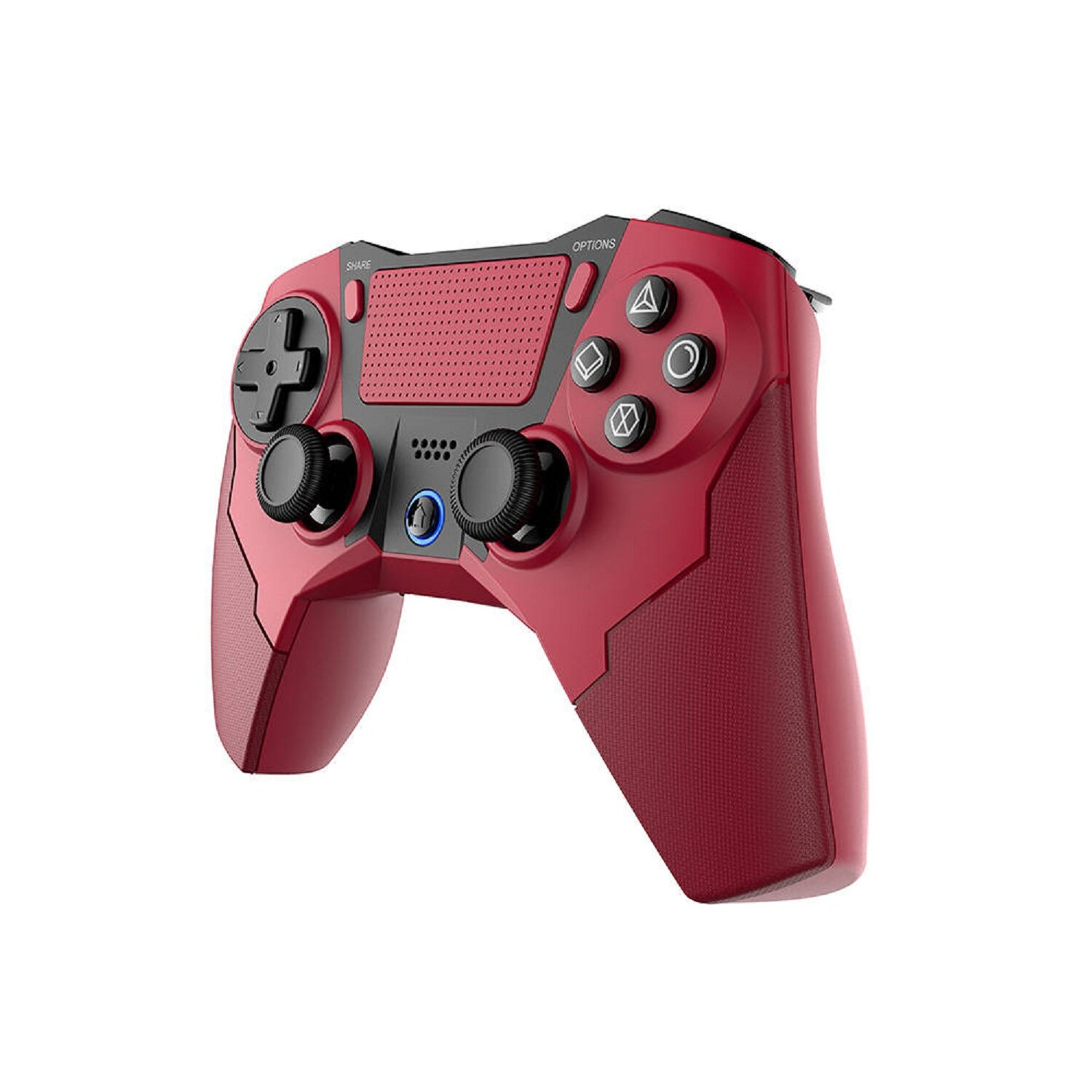 Rotes und schwarzes Gamepad mit Knöpfen und Joysticks. Das Design ist eckig und modern.