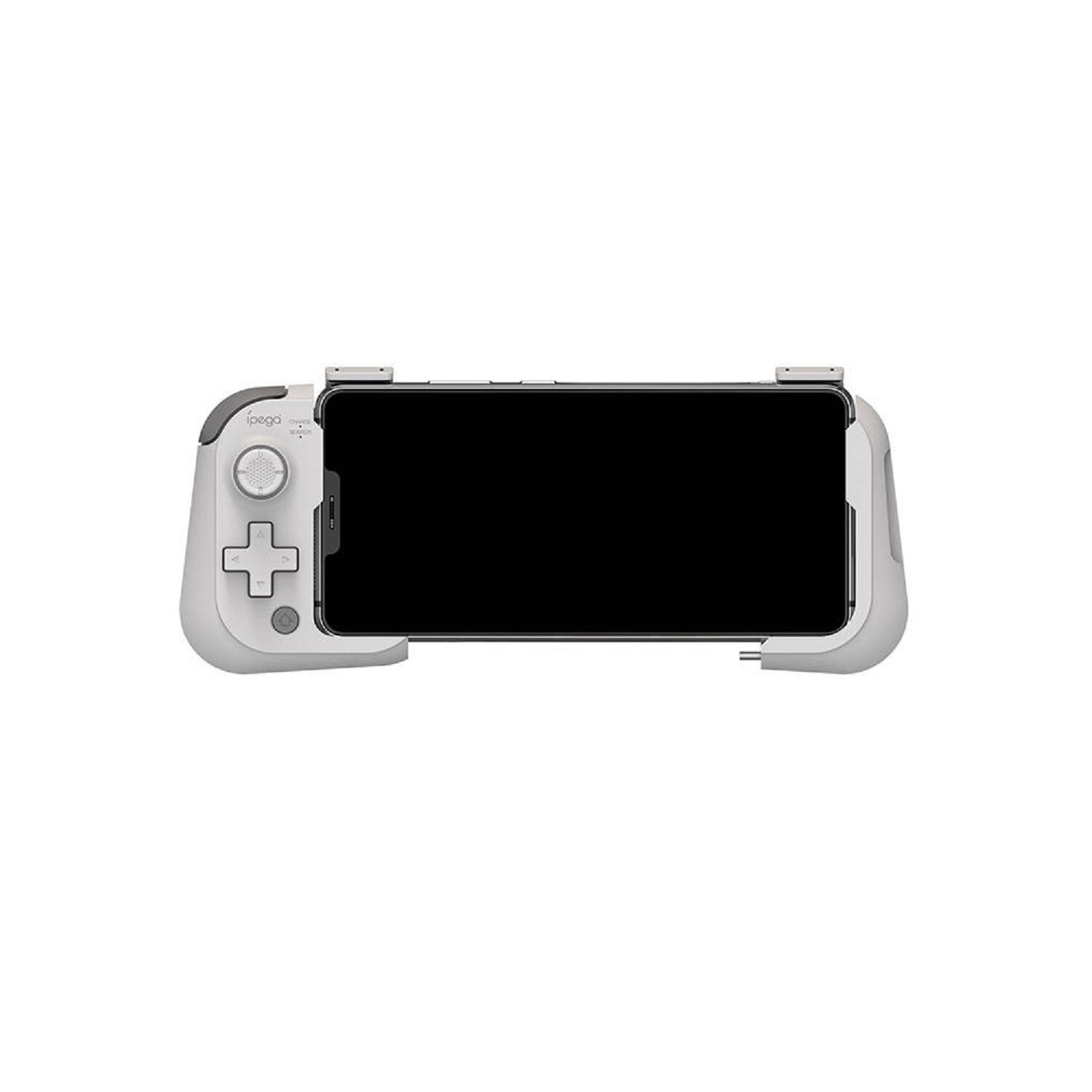 Ein Telefon-Controller mit eingelegtem Telefon. Grau mit Knöpfen und Joysticks.