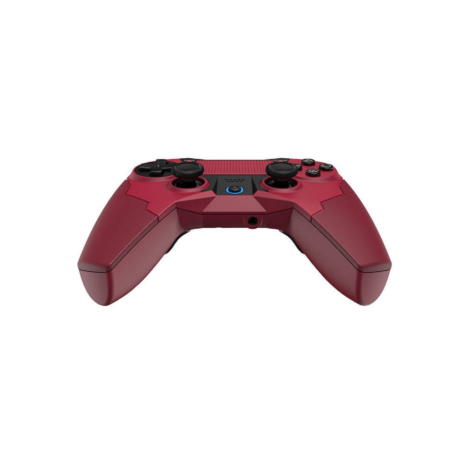Ein weinroter Gamecontroller mit schwarzen Joysticks und Knöpfen, auf weißem Hintergrund.