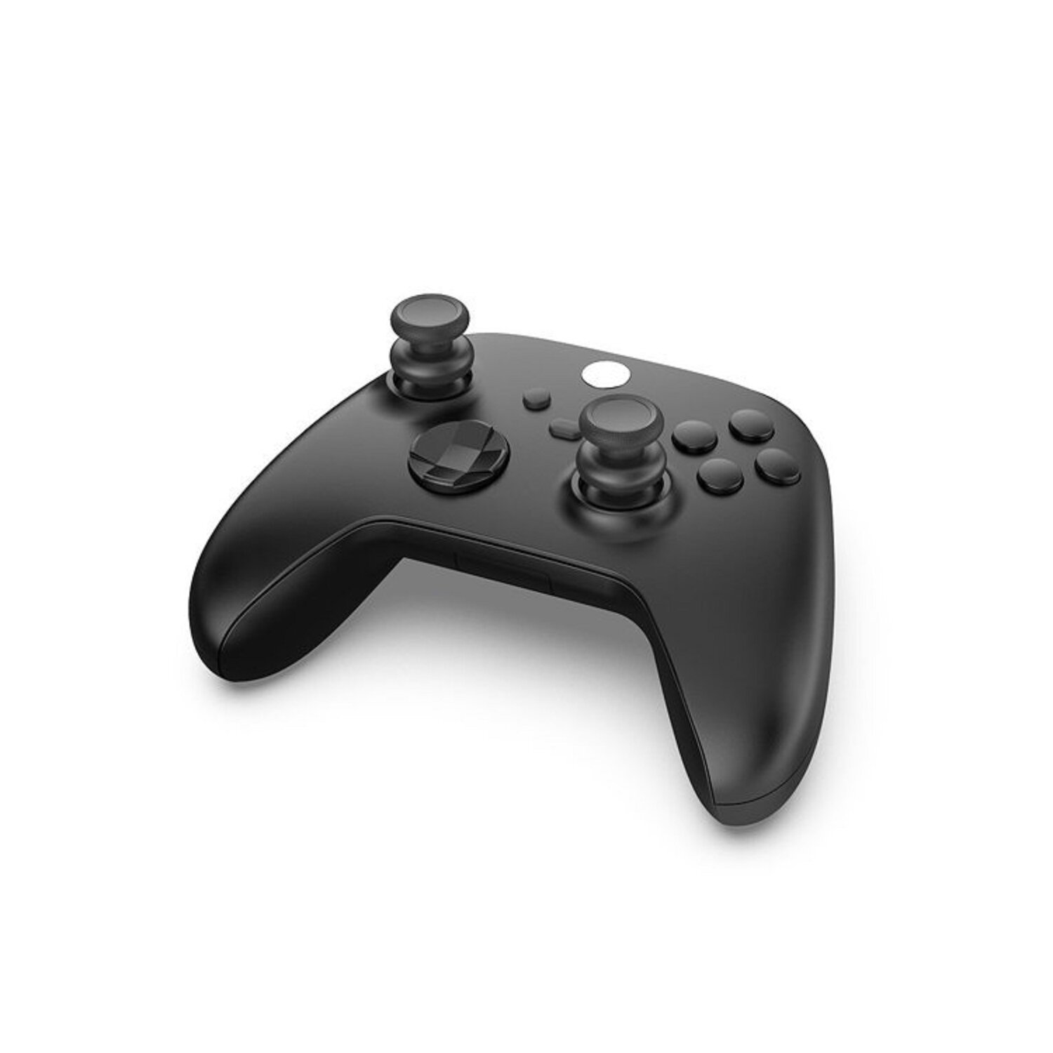 Ein schwarzes Gamepad mit Knöpfen und Joysticks auf weißem Hintergrund.