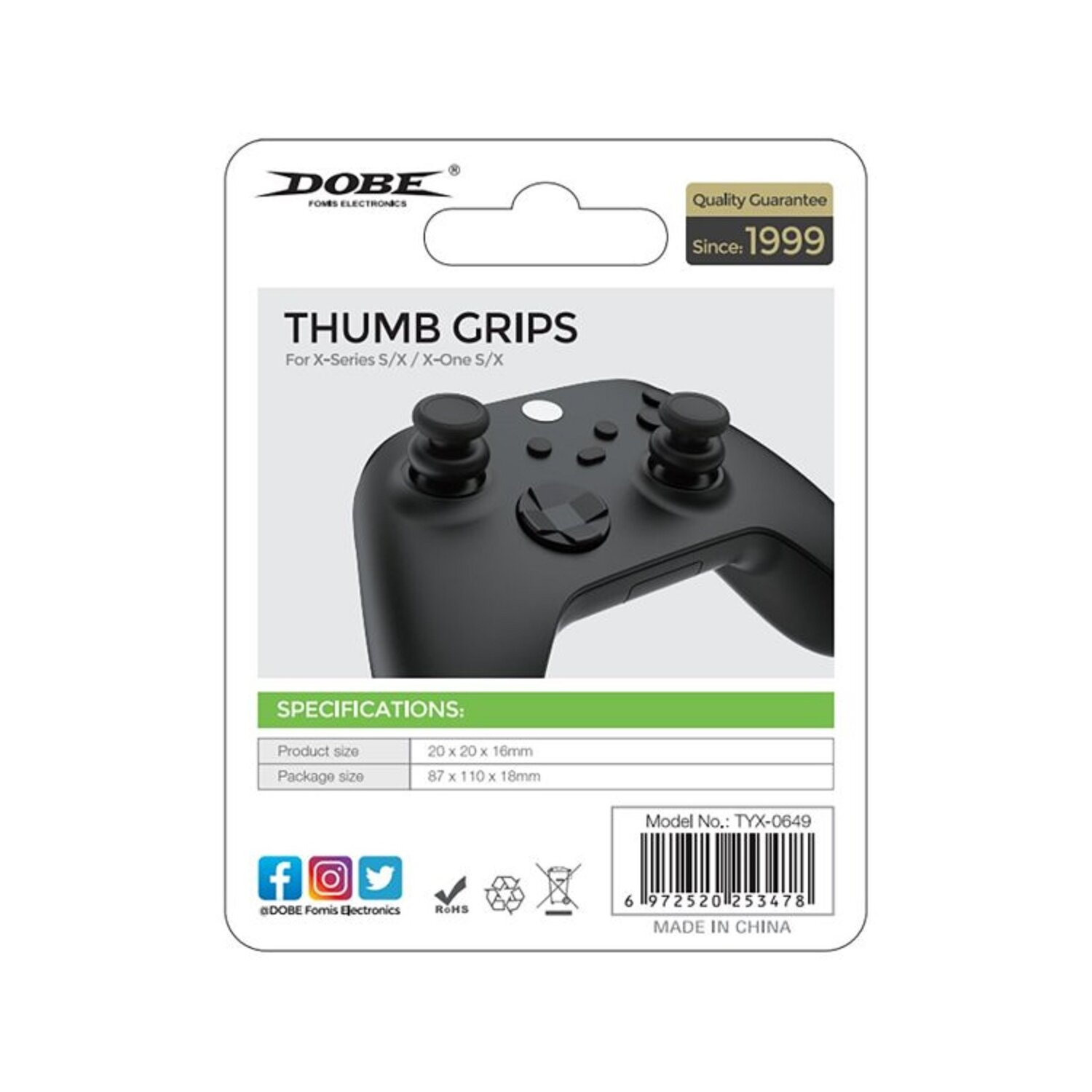 Verpackung von Daumengriffen für einen Gamecontroller. Schwarz und Weiß mit Gamecontroller.
