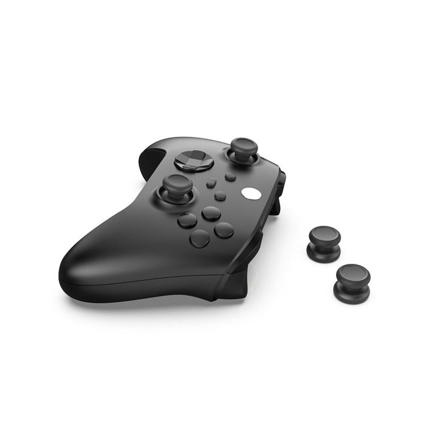 Ein schwarzer Gamecontroller mit zwei Joysticks und Knöpfen, sowie zusätzlichen Joysticks.