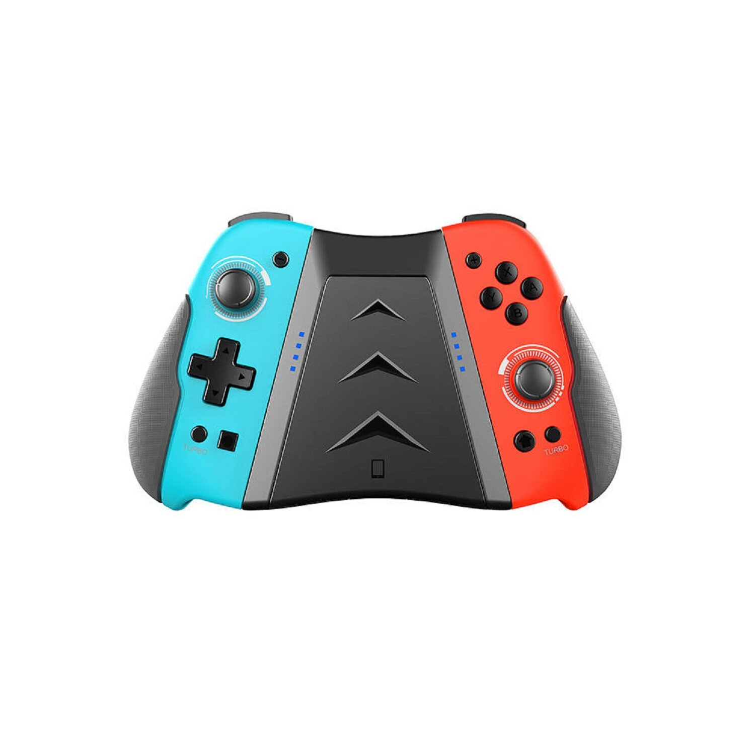 Ein Videospiel-Controller, aufgeteilt in Blau und Rot mit schwarzer Mitte. Er hat eine Turbo-Taste.