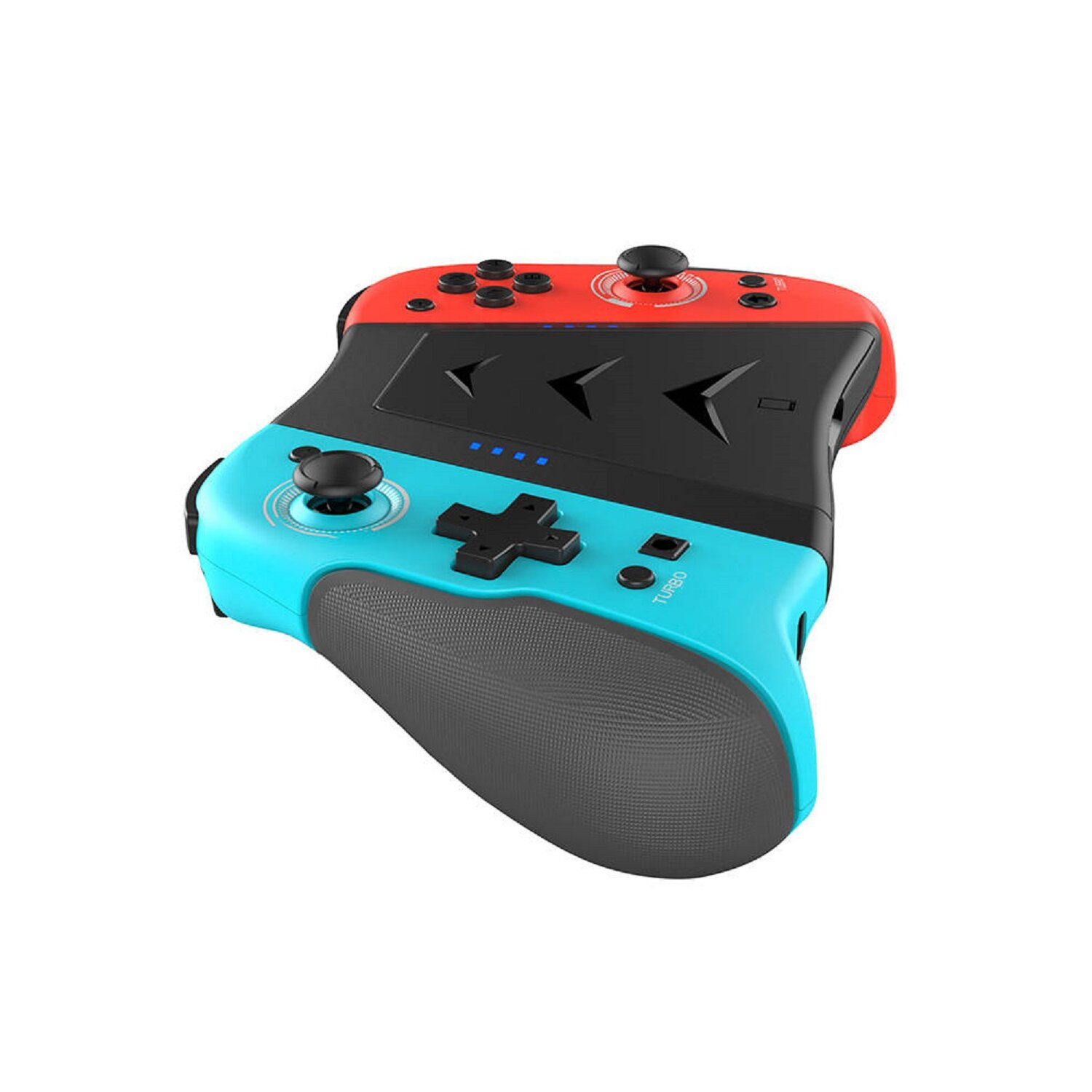 Ein roter und blauer Gamecontroller mit schwarzem Mittelteil. Der Controller hat mehrere Tasten.