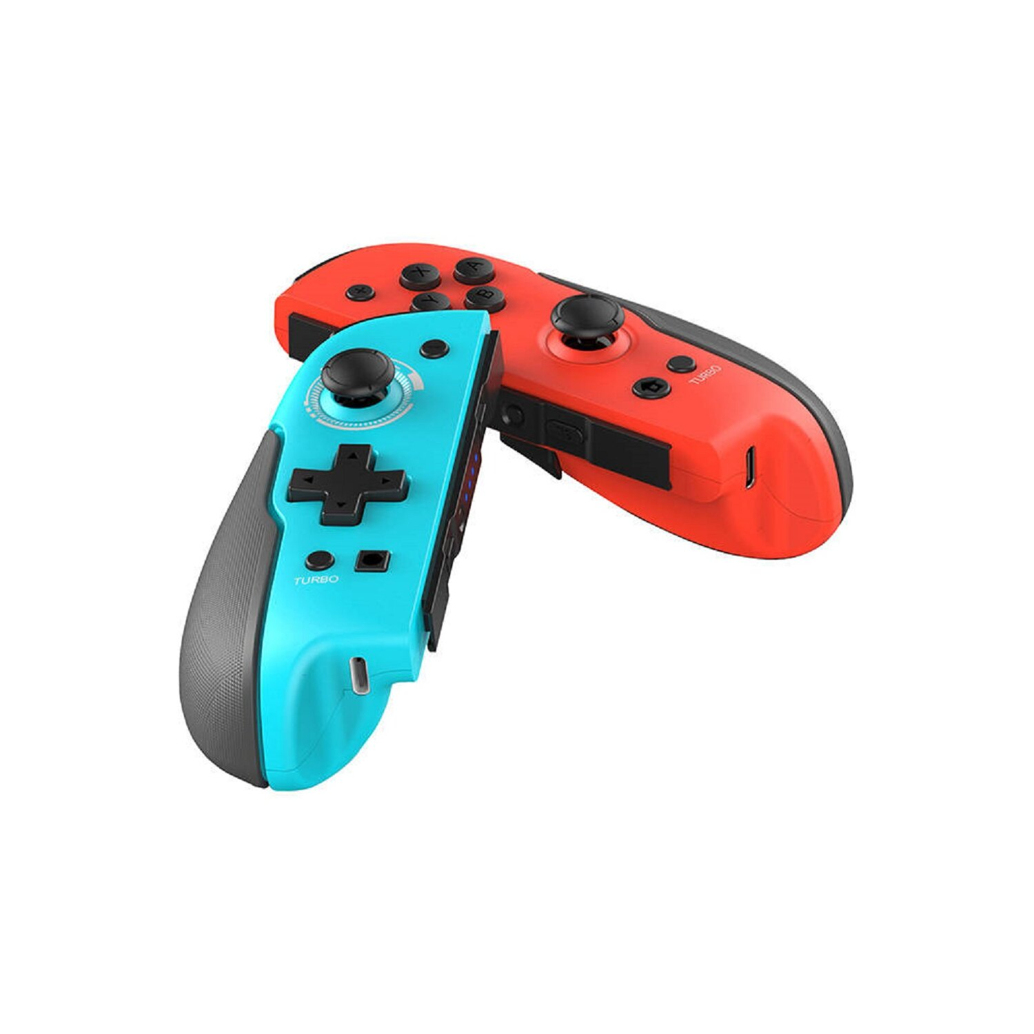 Zwei Gamecontroller: einer cyanfarben, einer rot, mit Knöpfen und Joysticks, auf weißem Hintergrund.