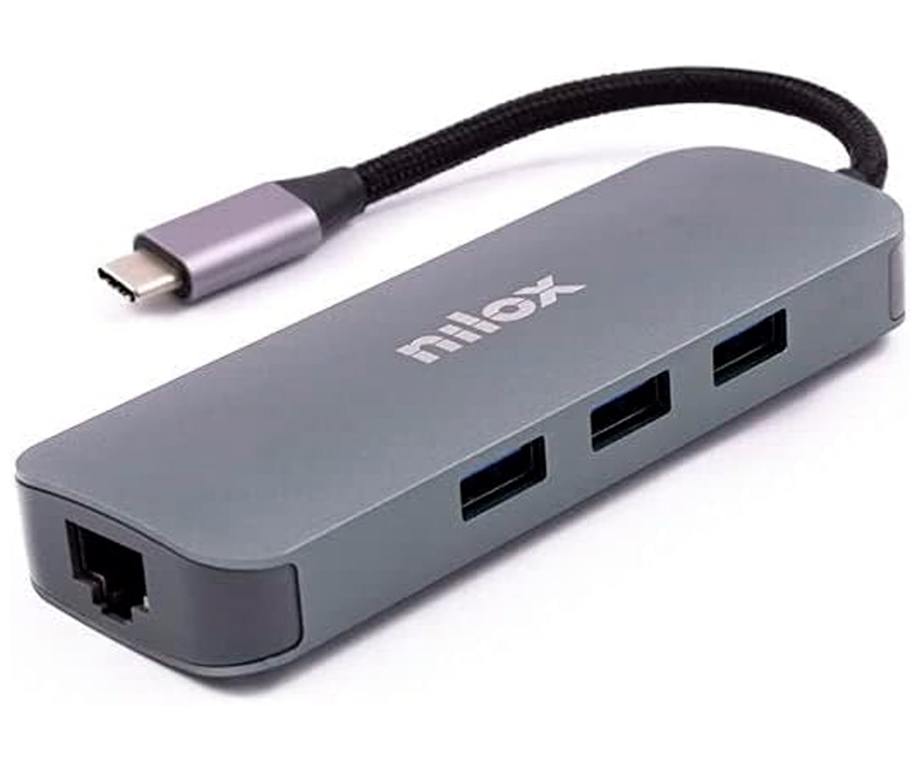 Concentrador USB gris con múltiples puertos. Tiene un conector USB-C y un puerto de red.