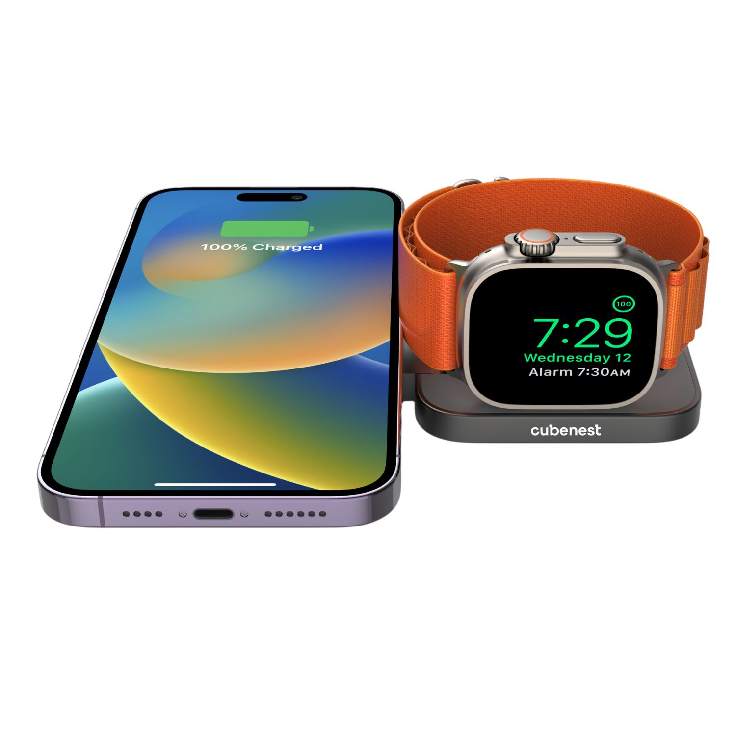 iPhone und Apple Watch auf Ladestation, zeigt 100% Ladung.