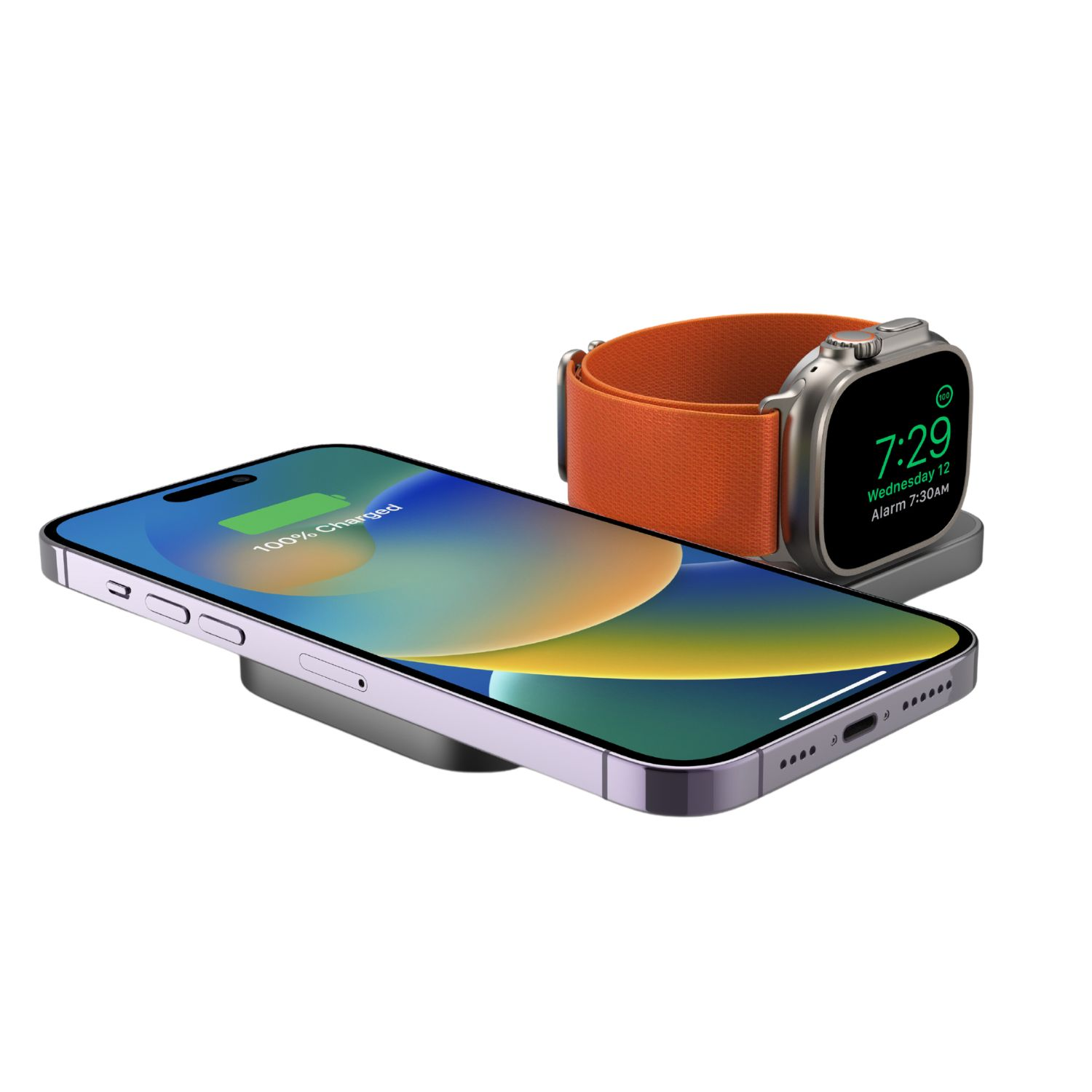 Ein Telefon, das auf einem Ständer geladen wird, mit einer Uhr, die Zeit anzeigt und ein Telefon, das das Laden anzeigt.
