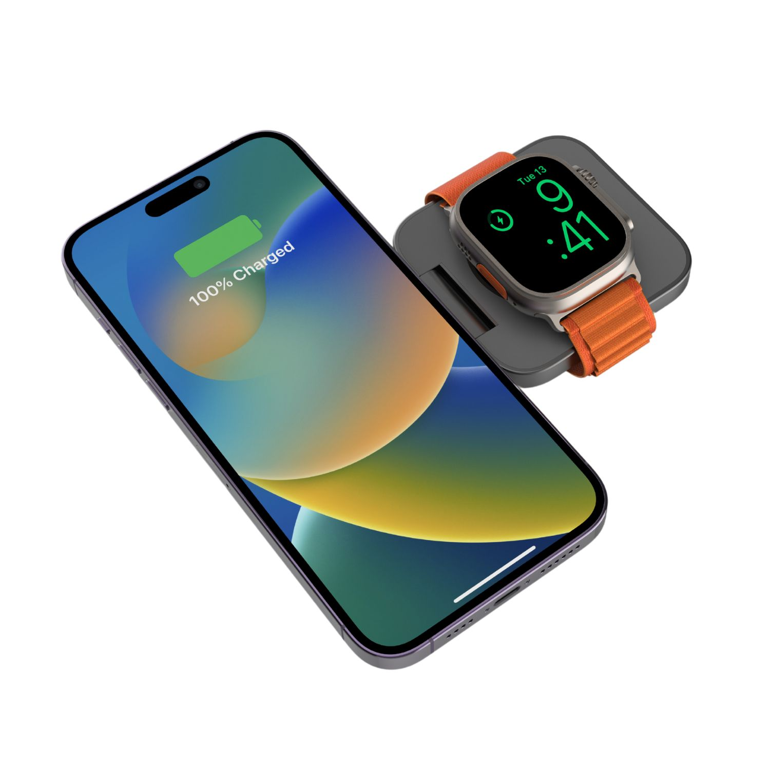Ein Telefon und eine Uhr auf einer Ladestation. Telefon zeigt 100% geladen. Uhr zeigt die Zeit an.