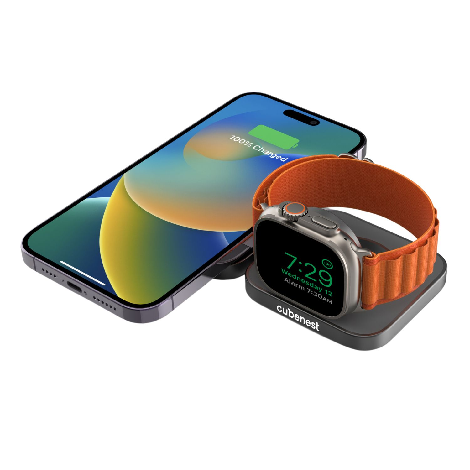 Ein Telefon und eine Smartwatch, die auf einer schwarzen Basis aufgeladen werden. Das Telefon zeigt 100 % geladen und die Uhr die Zeit an.
