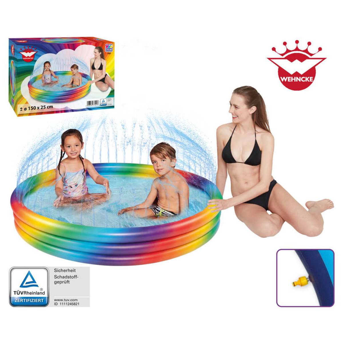 Ein bunter aufblasbarer Pool mit zwei Kindern und einer Frau, mit Sprühnebel und einem Bild in der Box.