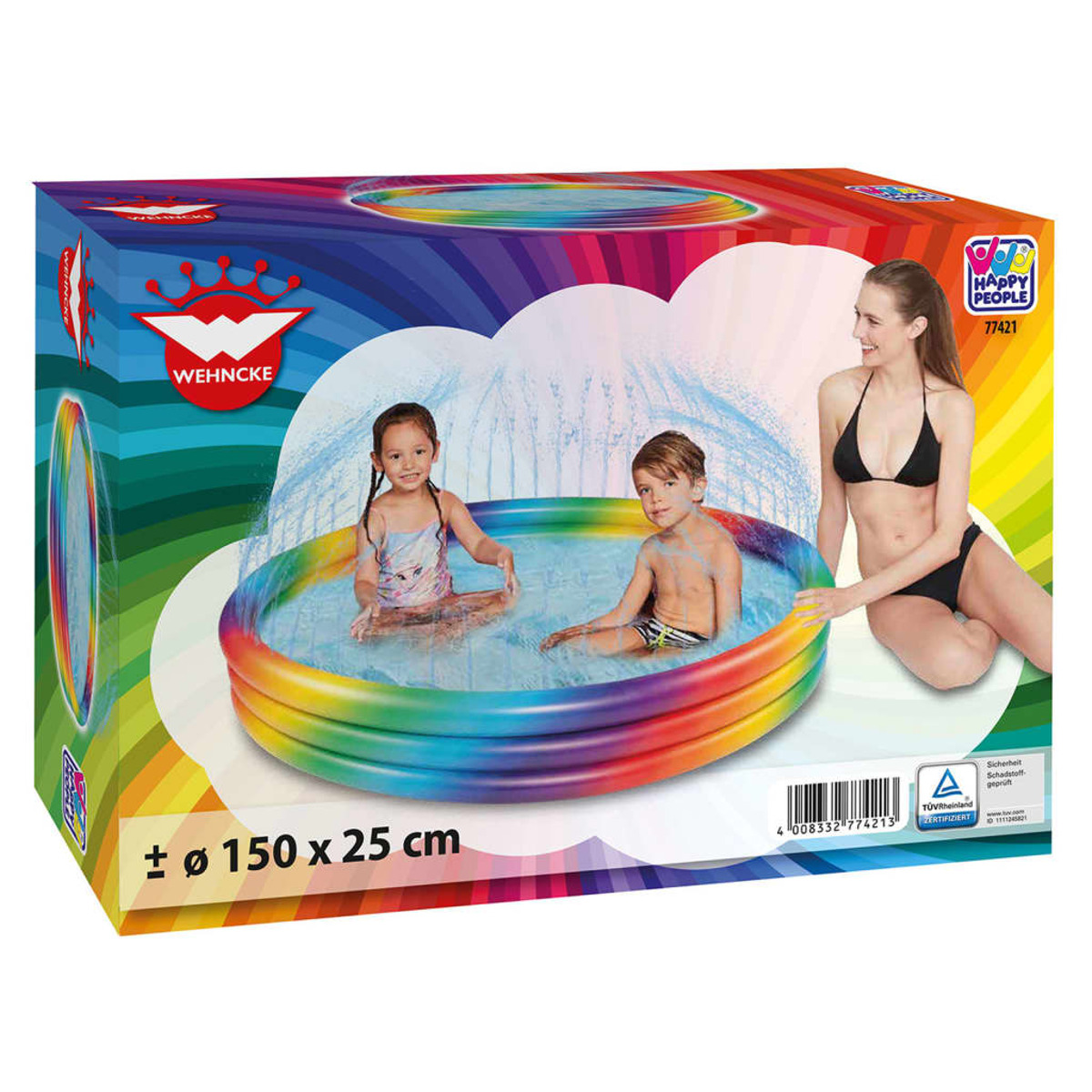 Ein bunter, regenbogenfarbener aufblasbarer Pool. Zwei Kinder spielen darin.