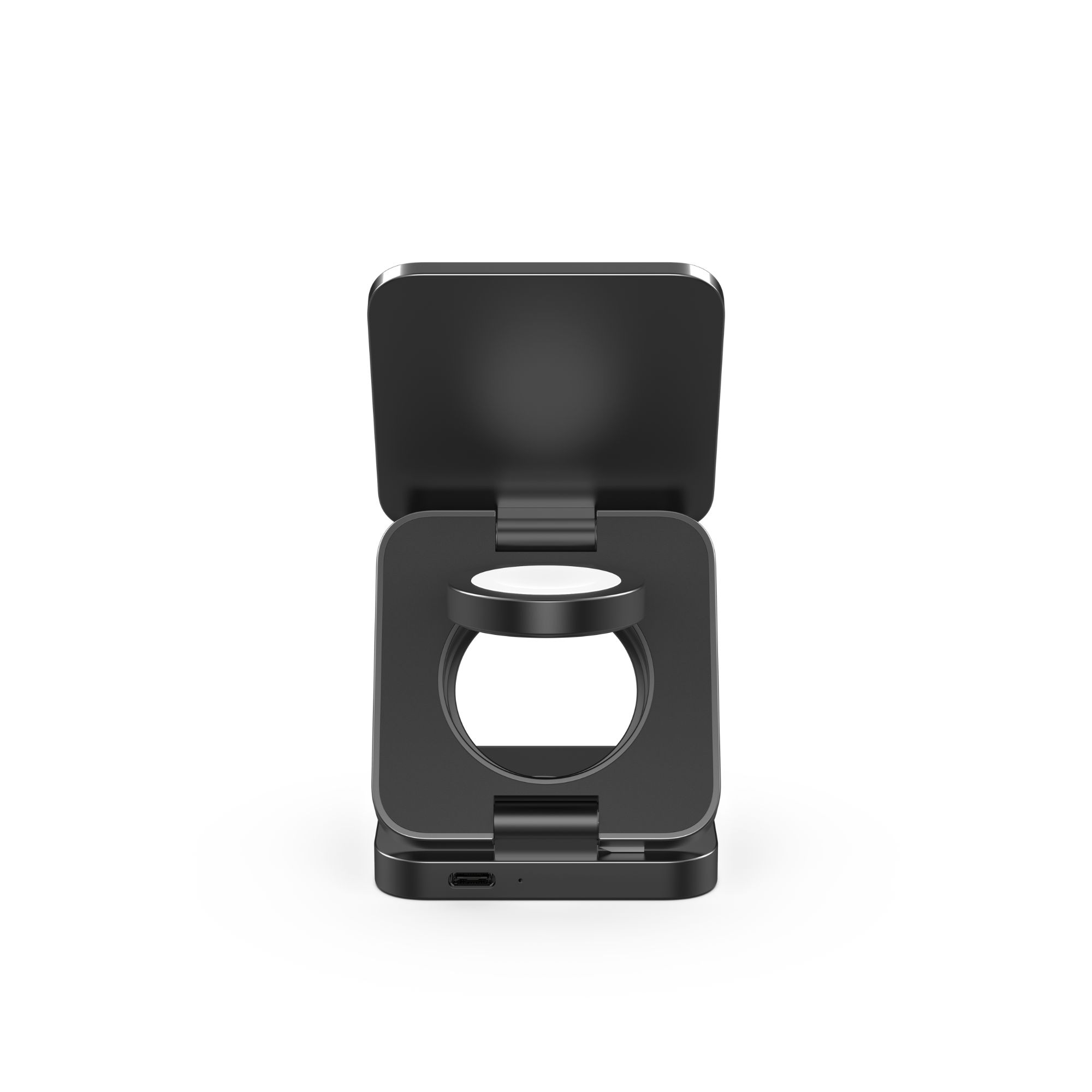 Schwarzer Apple Watch Ladeständer, mit offenem Bereich.
