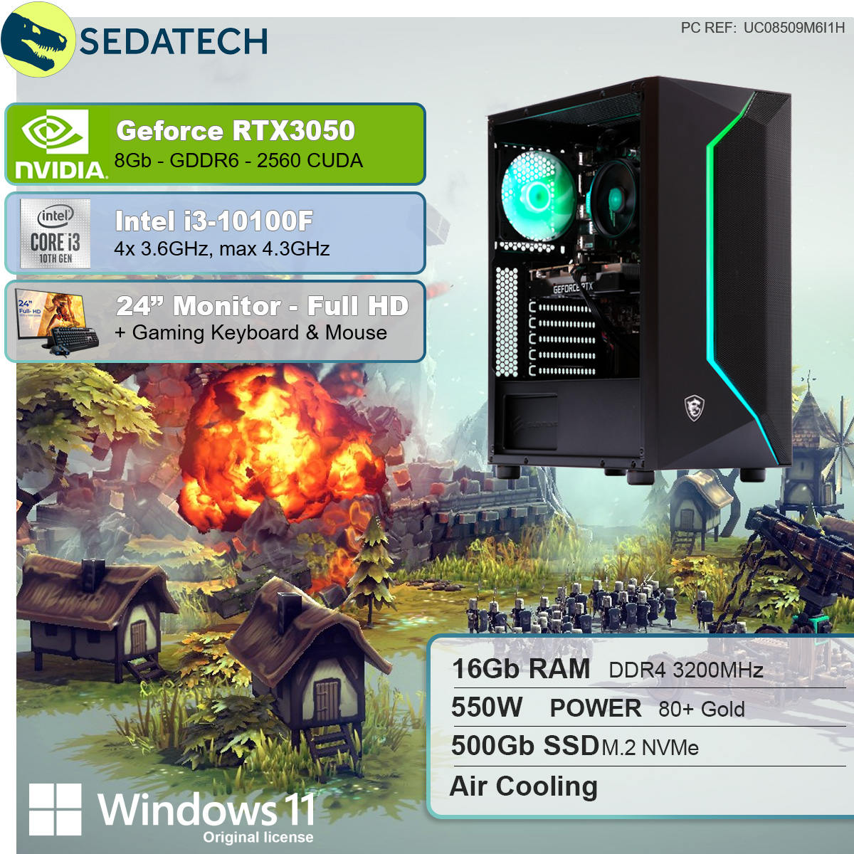 SEDATECH 8 mit GB Gaming GB 16 Intel Geforce Prozessor, Intel GB 500 i3-10100F RAM, SSD, i3-10100F, PC RTX3050,